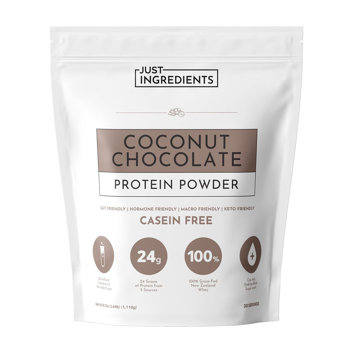 JUST INGREDIENTS Coconut Chocolate Protein Powder tub—premium protein blend for daily recovery.