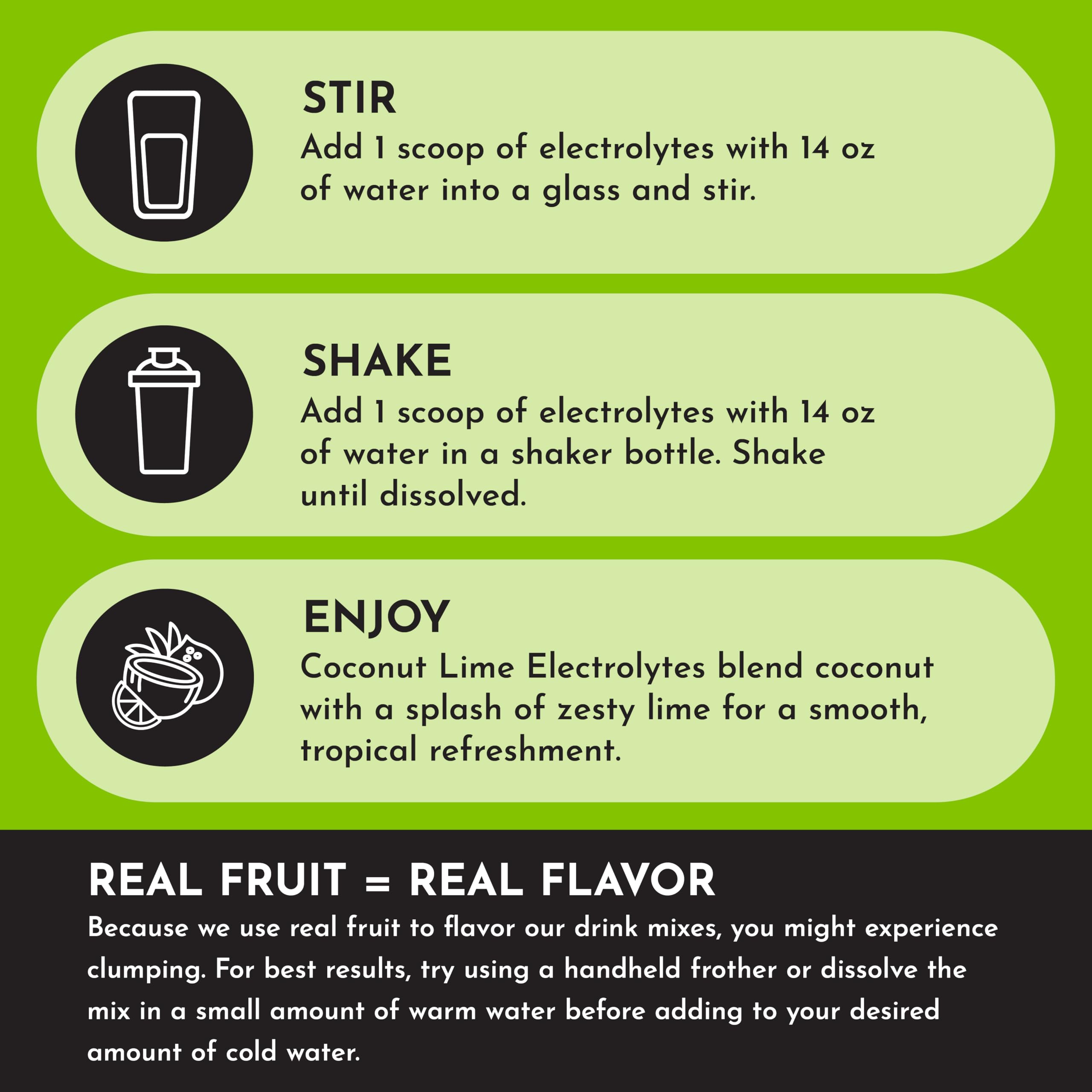 Just Ingredients Coconut Lime Electrolytes glass shows a refreshing tropical hydration option.