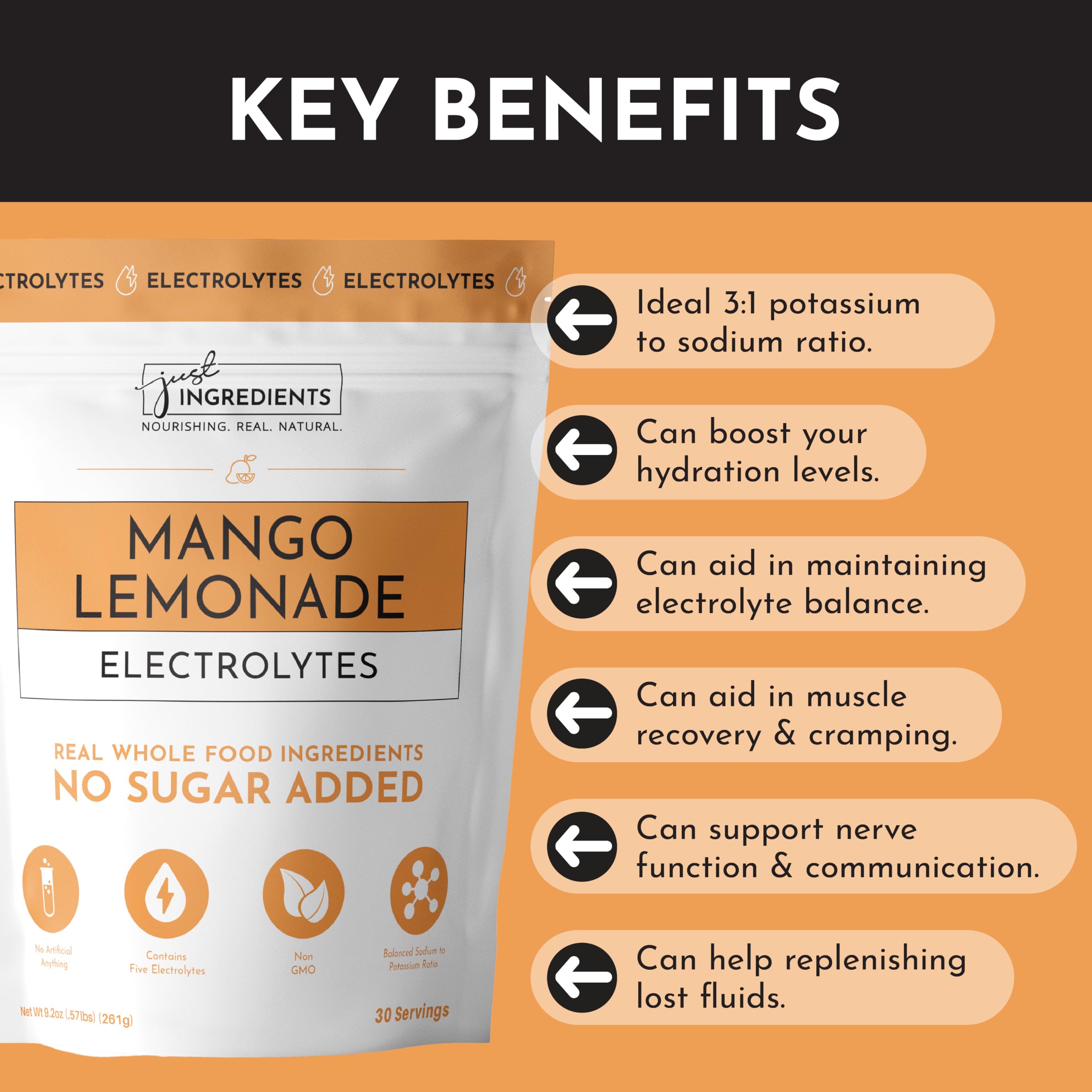 JUST INGREDIENTS Coconut Water mineral graphic highlights natural hydration support