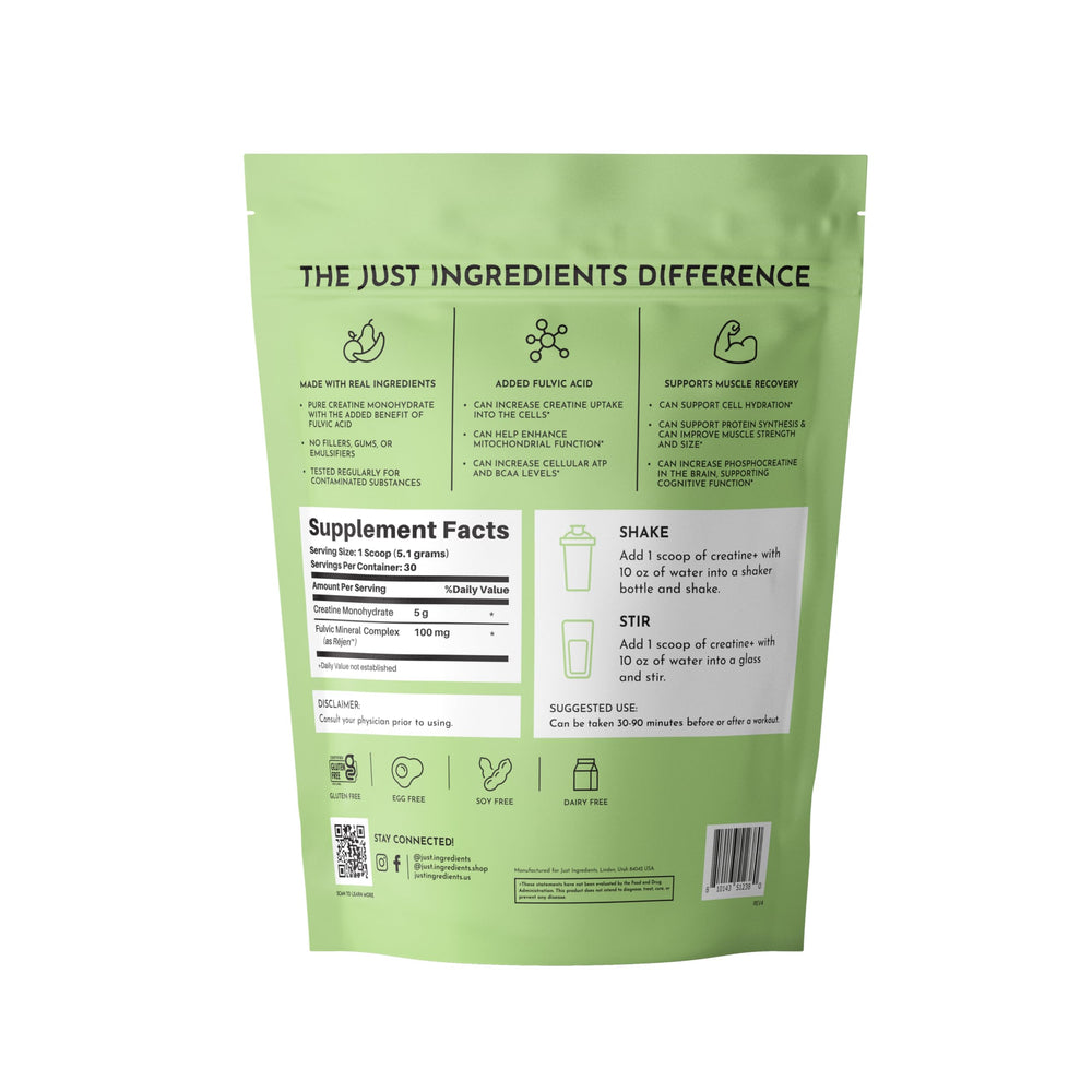 JUST INGREDIENTS Creatine Monohydrate powder dissolves quickly in water for seamless mixing.