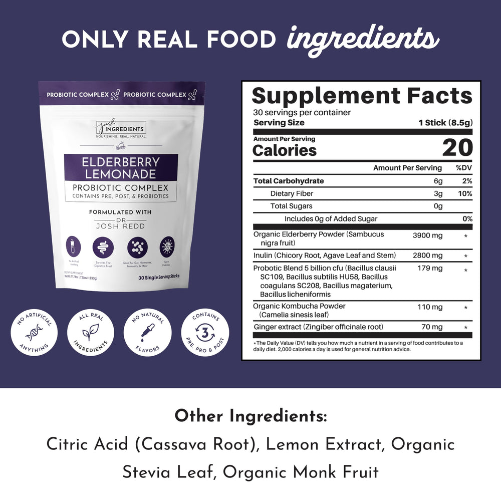 Just Ingredients Elderberry Lemonade box packaging emphasizing shelf-stable sticks