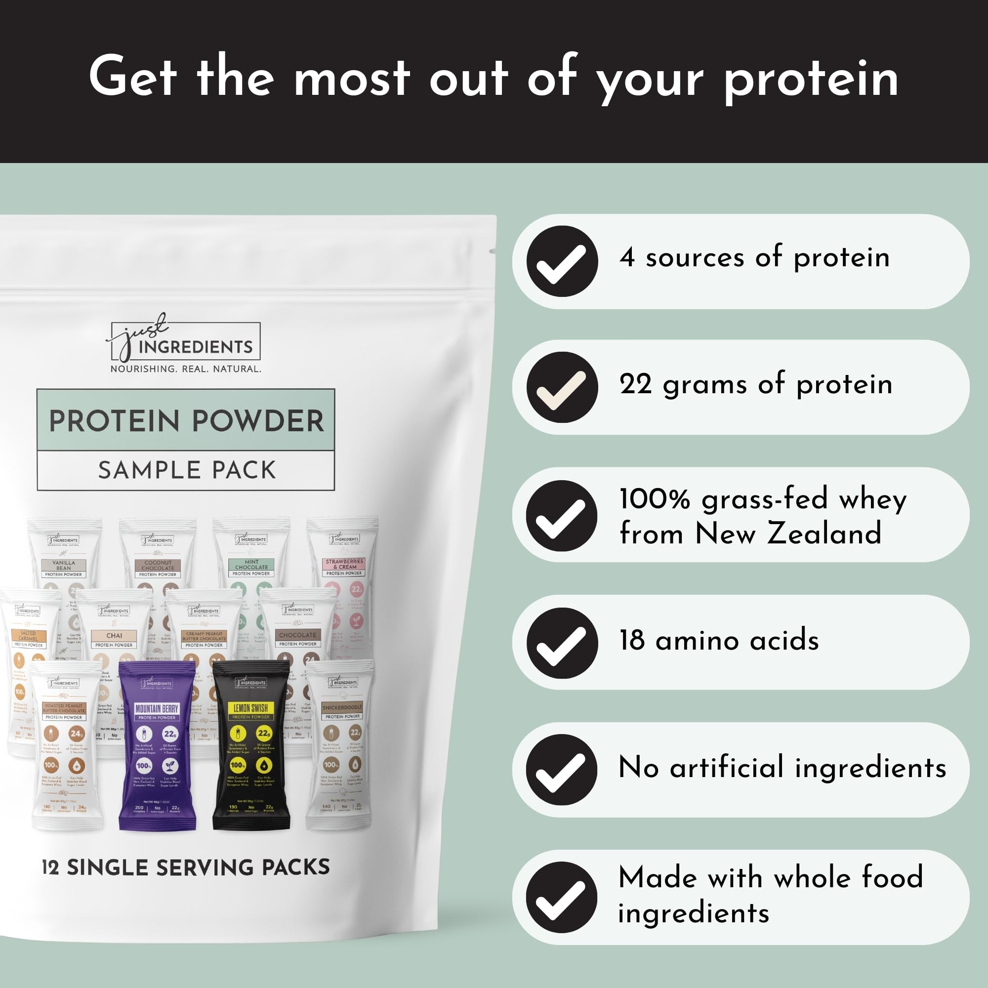 Just Ingredients four-protein blend featuring whey, pea, collagen, chia