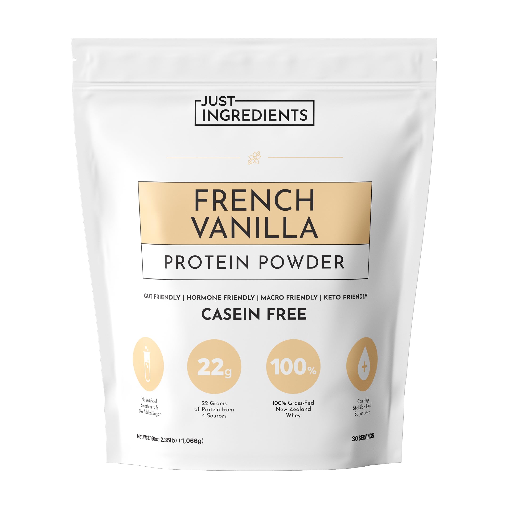 JUST INGREDIENTS French Vanilla Protein bag front showing clean ingredients for daily use