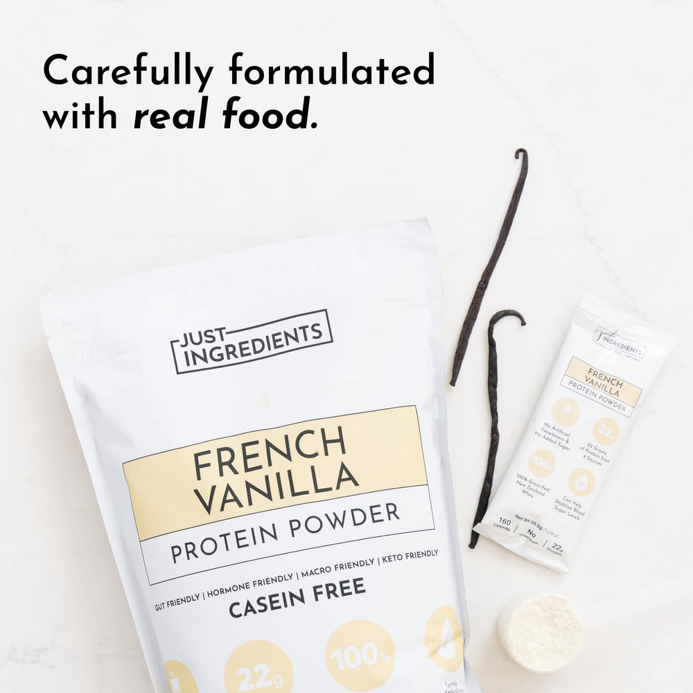 Oatmeal bowl with JUST INGREDIENTS French Vanilla Protein mixed in