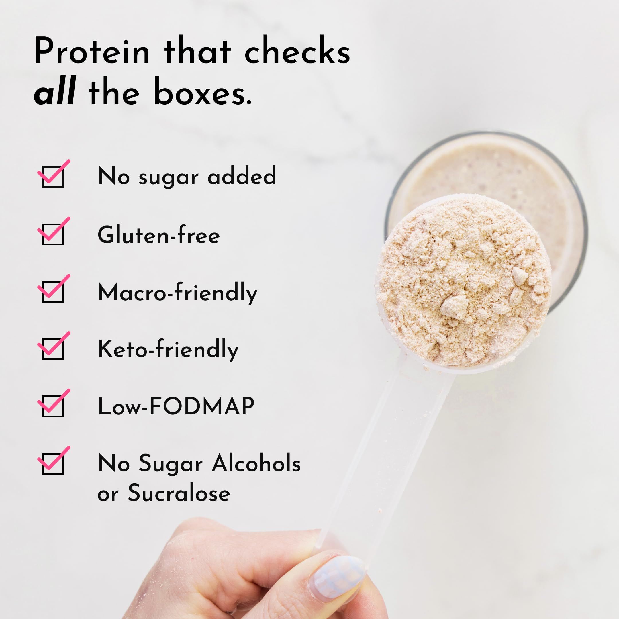 PROTEIN powder scoop beside JUST INGREDIENTS French Vanilla Protein for quick shakes