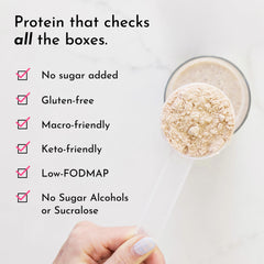 PROTEIN powder scoop beside JUST INGREDIENTS French Vanilla Protein for quick shakes
