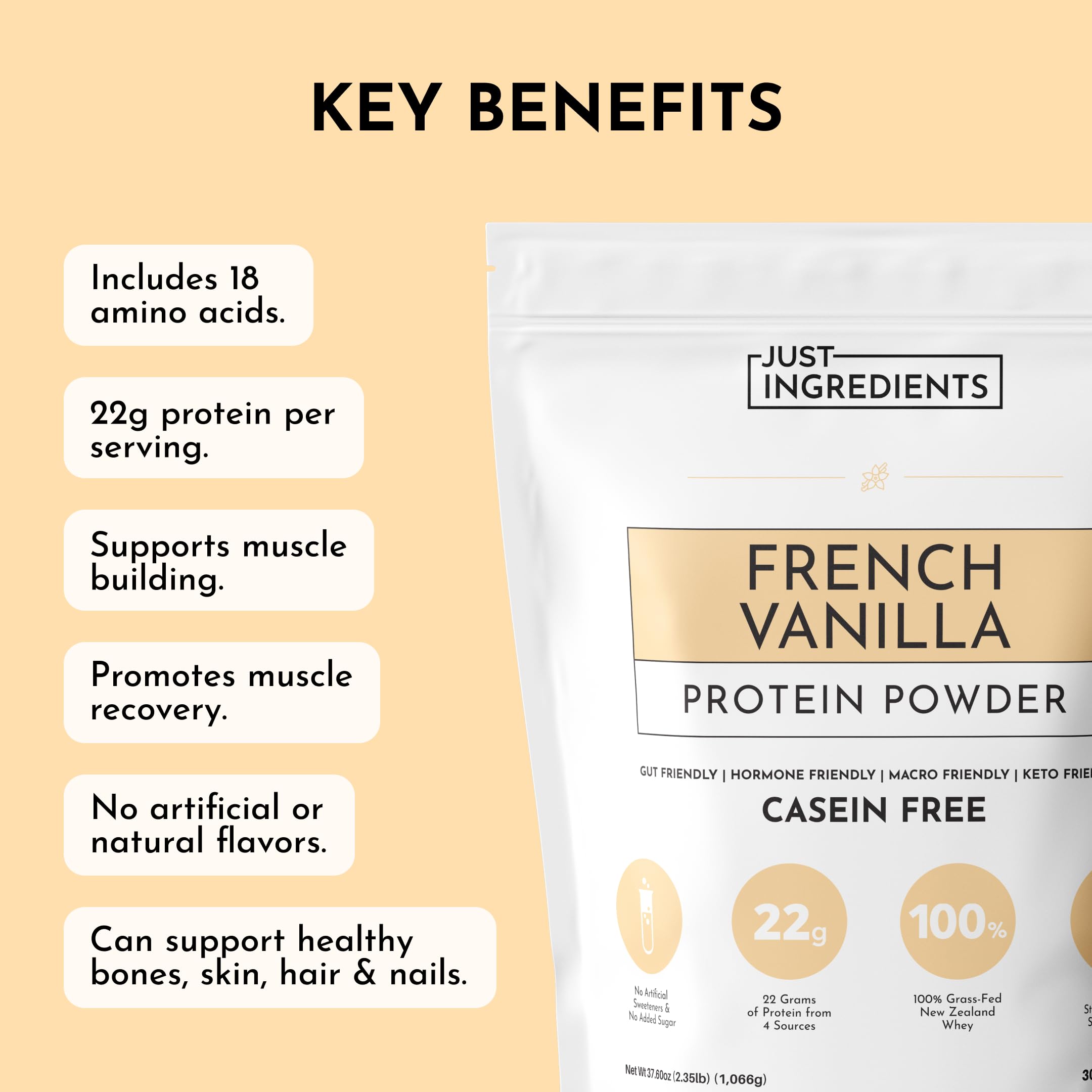 Vanilla bean close-up in JUST INGREDIENTS French Vanilla Protein packaging