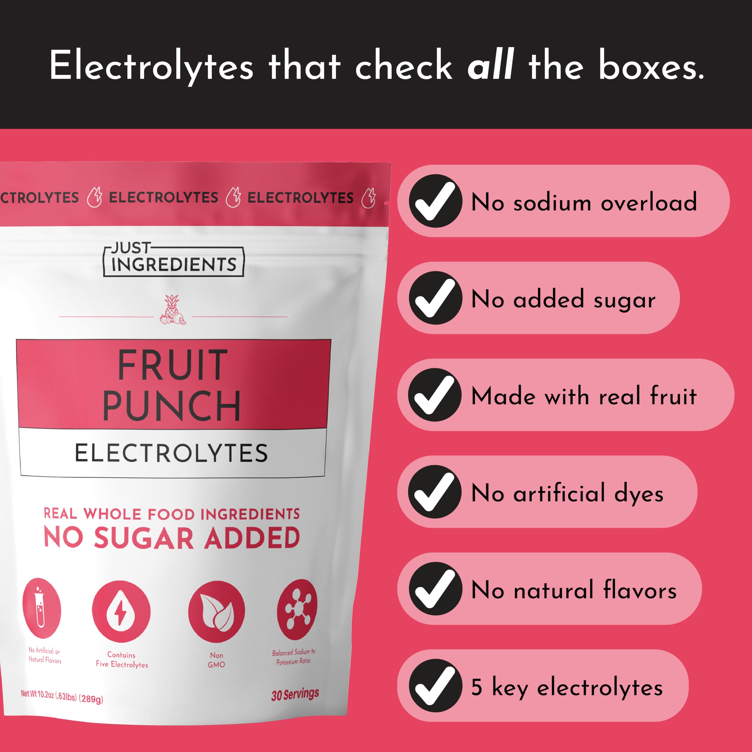 JUST INGREDIENTS Fruit Punch Electrolytes glass after mixing offers refreshing hydration.