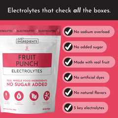 JUST INGREDIENTS Fruit Punch Electrolytes glass after mixing offers refreshing hydration.