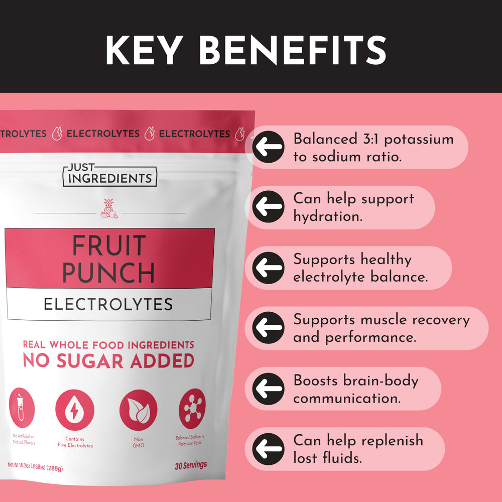 JUST INGREDIENTS Fruit Punch Electrolytes label highlights coconut water and sea salt for balance.