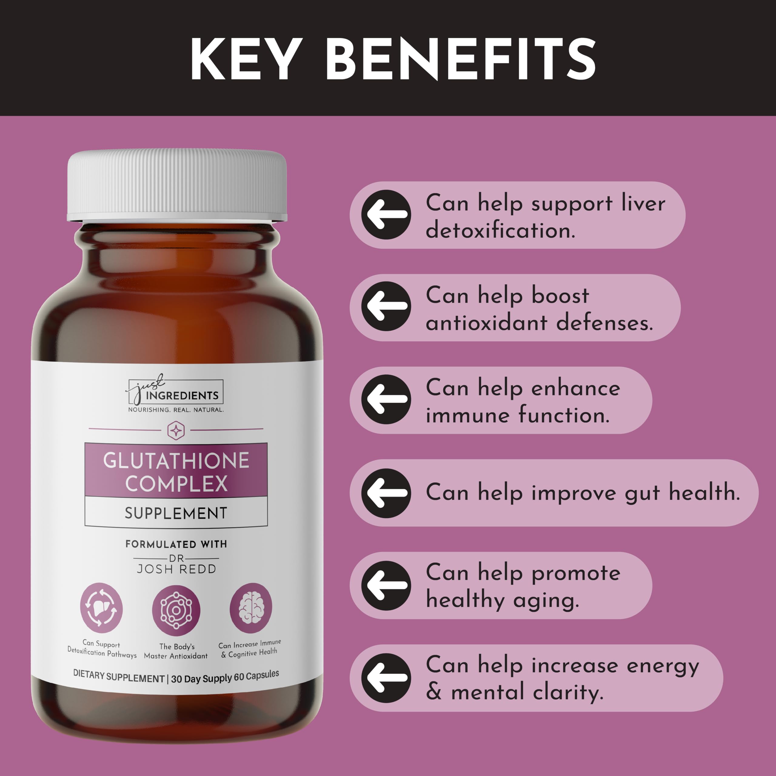 Just Ingredients Glutathione Complex liposomal glutathione close-up suggests enhanced absorption.