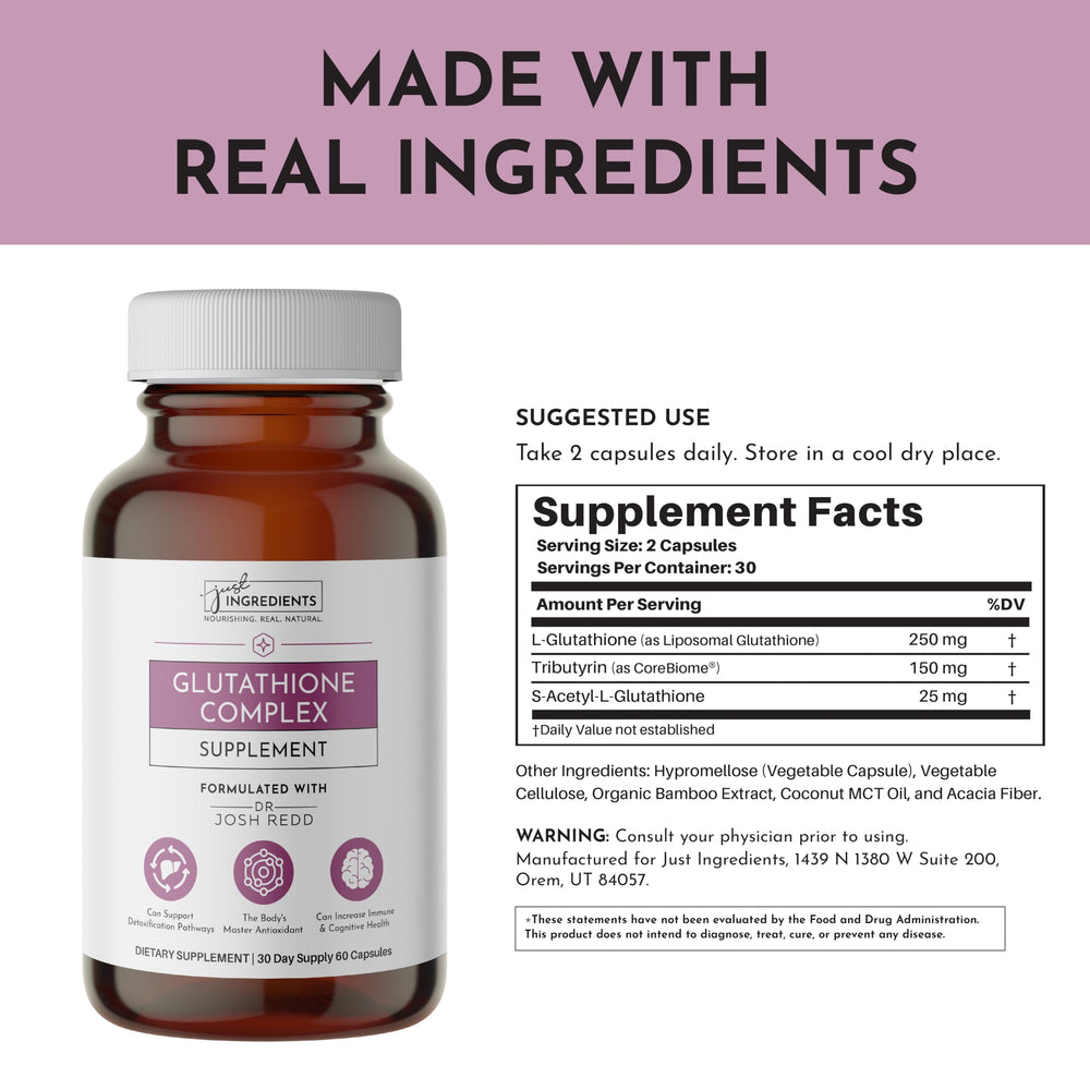 Just Ingredients Glutathione Complex manufacturing badge signals US-made quality.