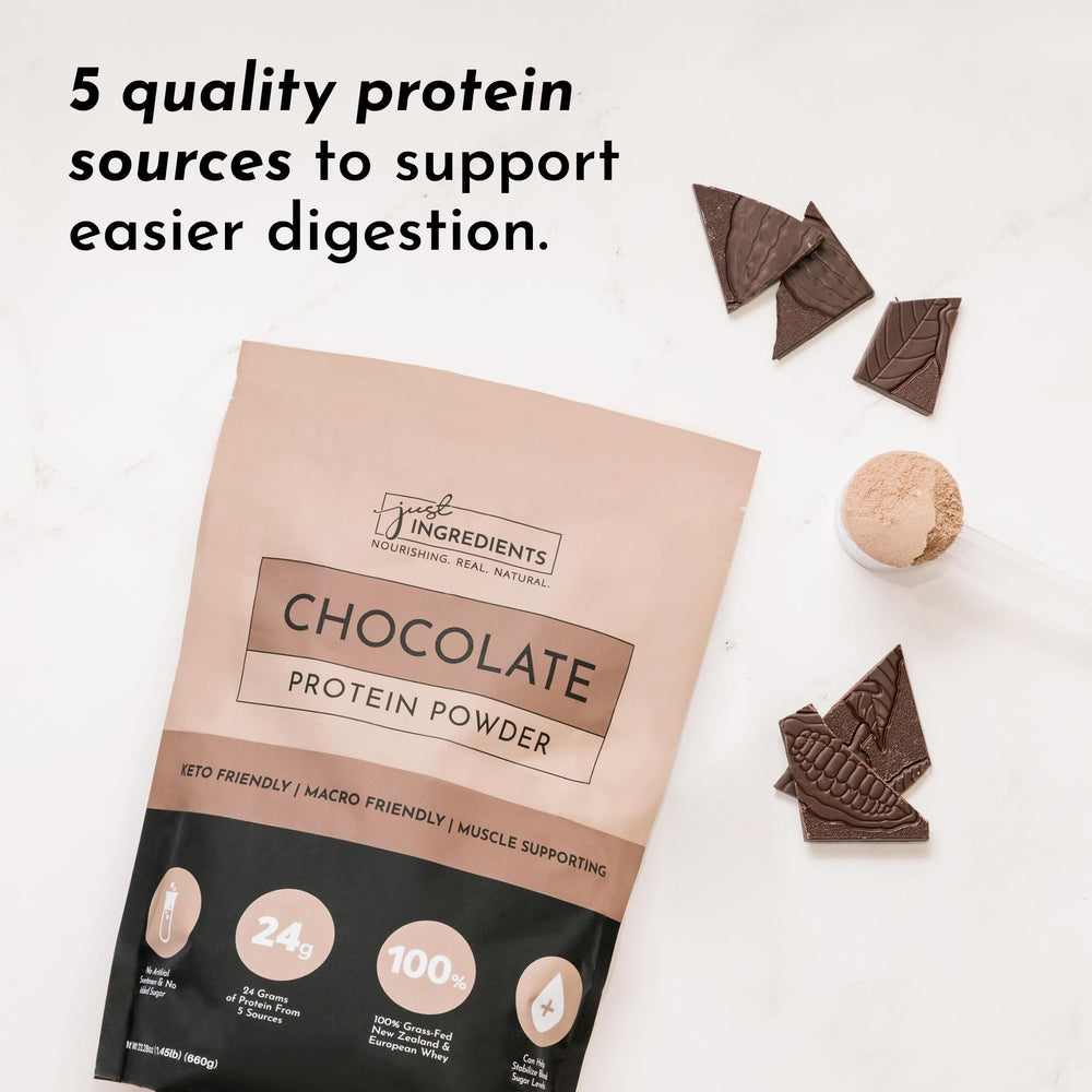 JUST INGREDIENTS Chocolate Protein Powder ingredients label featuring grass-fed whey and plant proteins