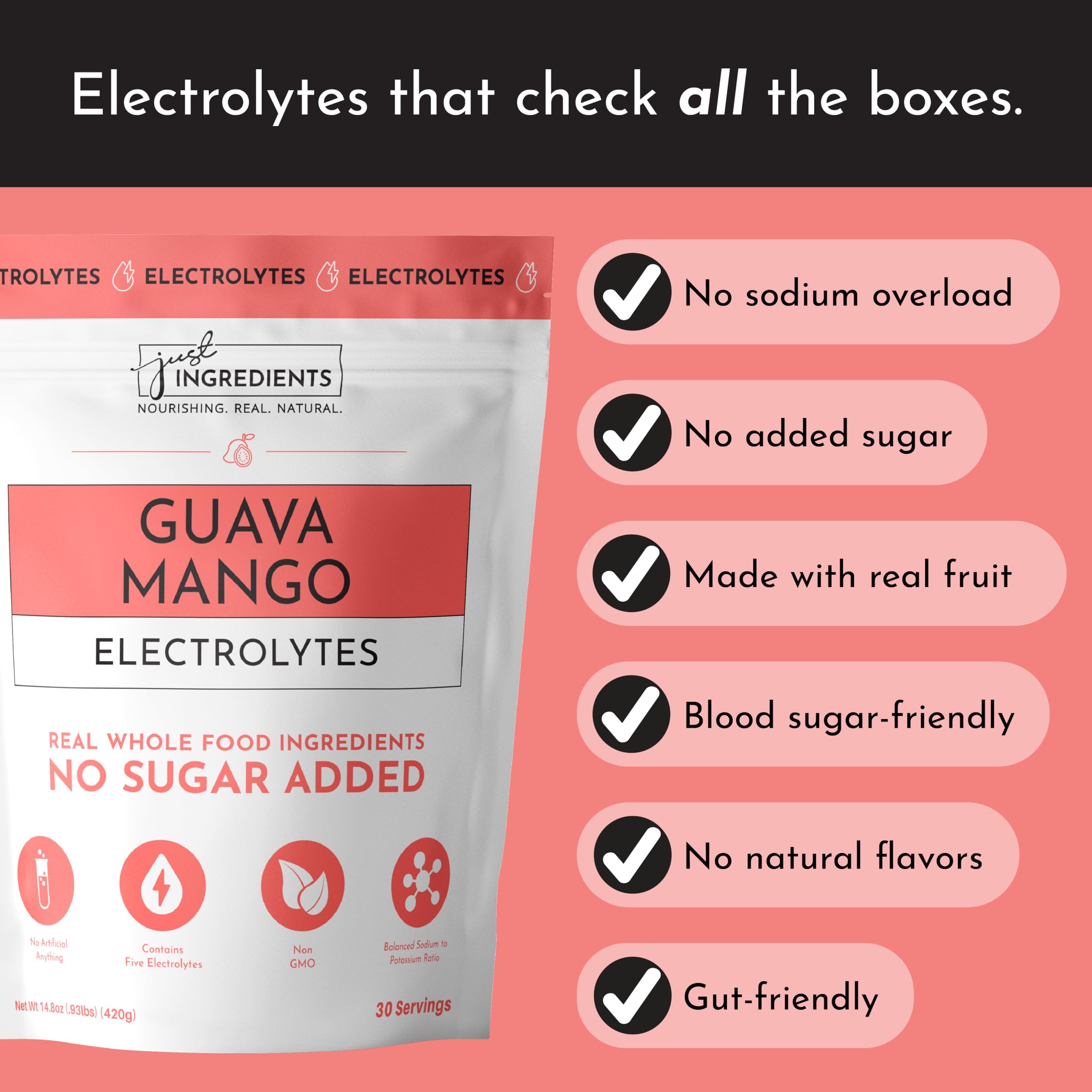 Close-up of real guava and mango extracts in Just Ingredients Electrolytes