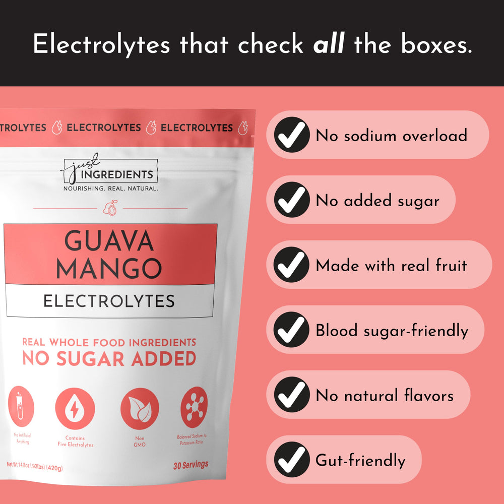 Close-up of real guava and mango extracts in Just Ingredients Electrolytes