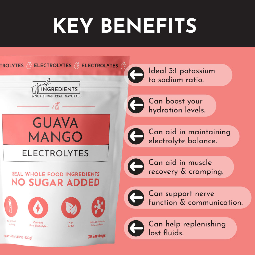 Nutrition panel of Just Ingredients Guava Mango Electrolytes shows clean ingredients