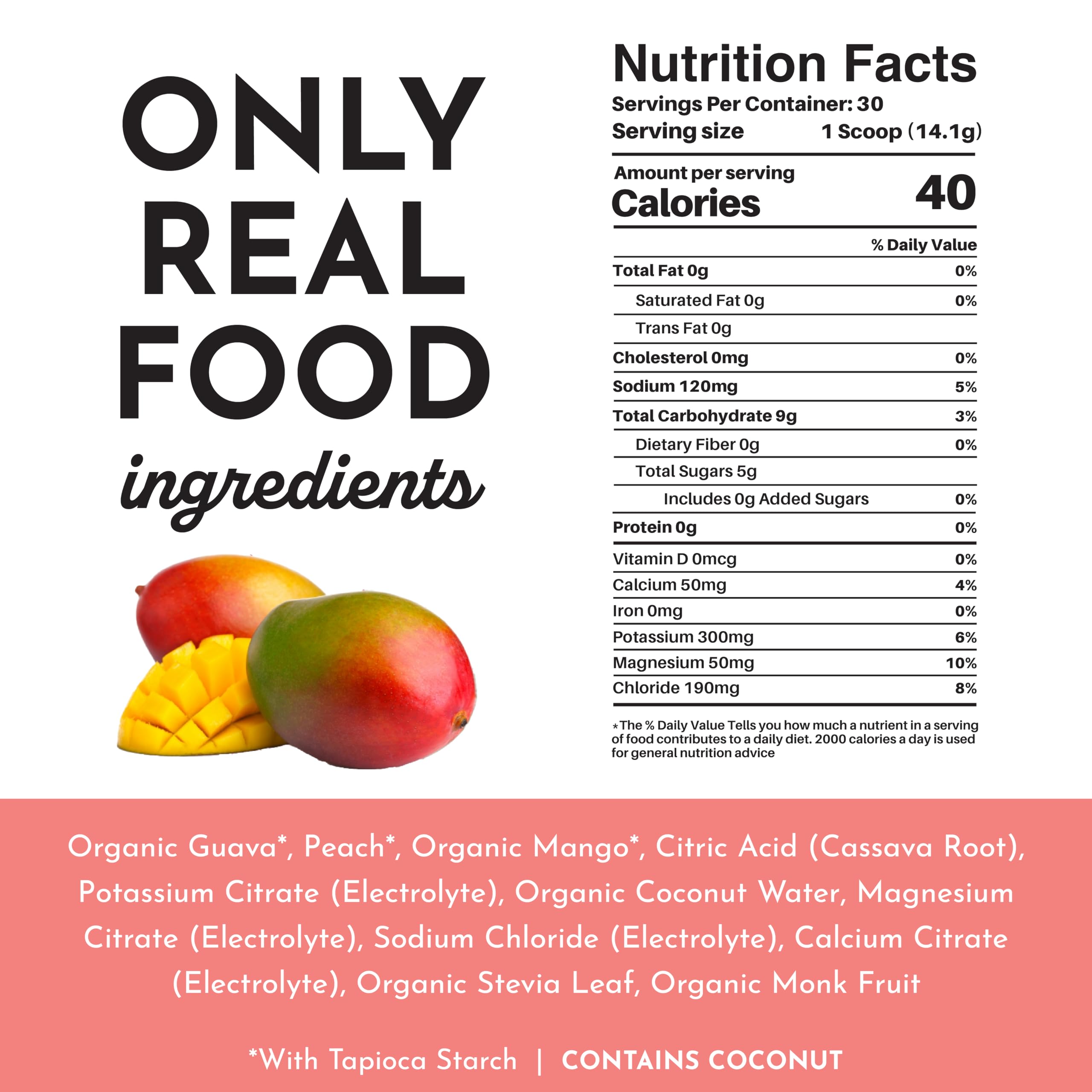 Scoop of Just Ingredients Guava Mango Electrolytes with plant-based sweeteners