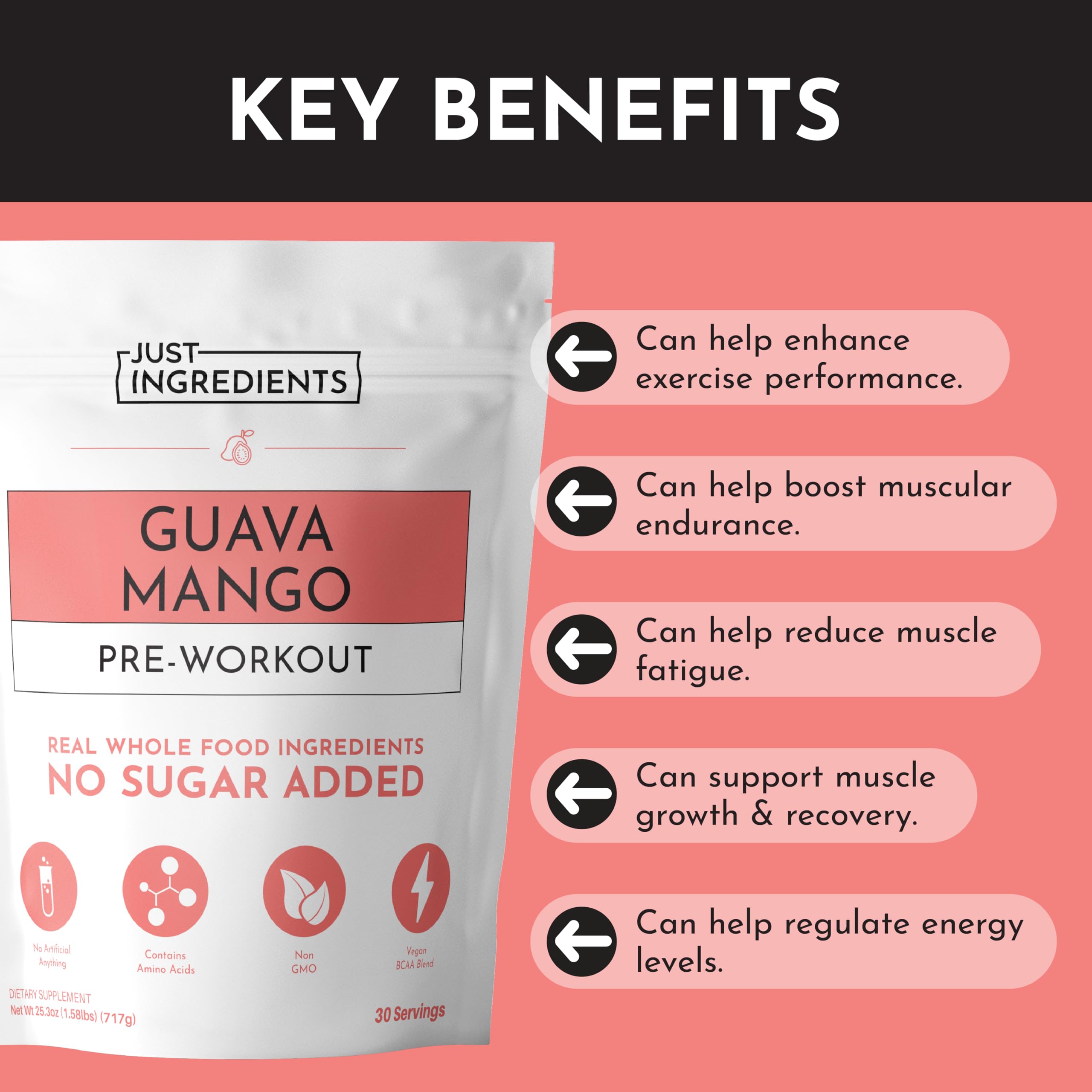 JUST INGREDIENTS Guava Mango Pre-Workout glass ready for flavorful caffeine boost.