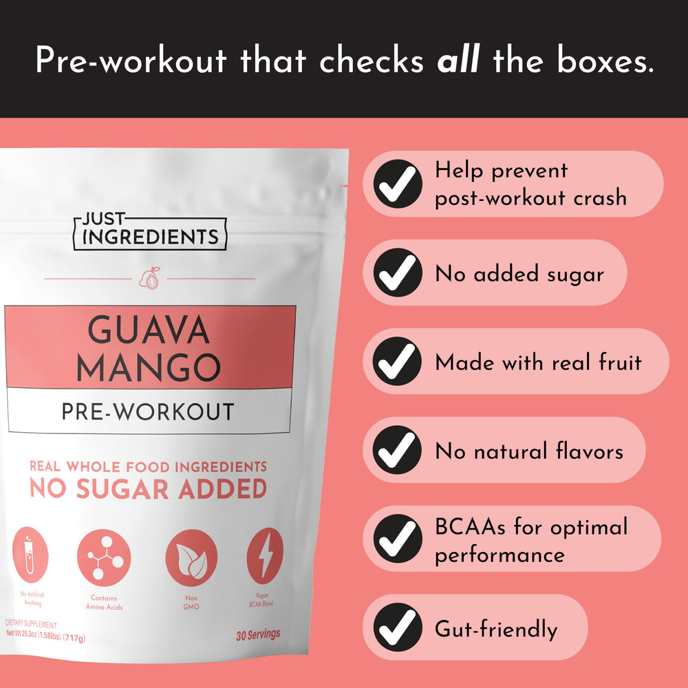 JUST INGREDIENTS Guava Mango Pre-Workout jar shows full formula for sustained energy.