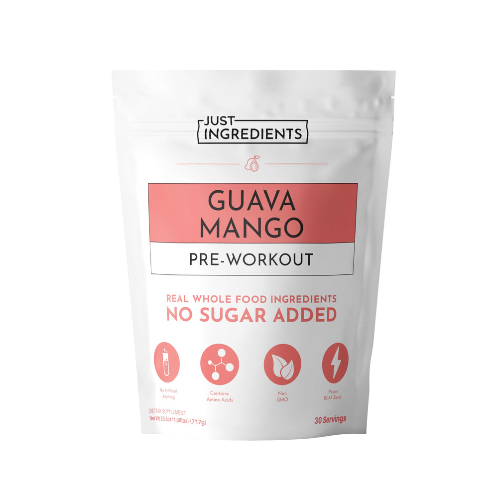 JUST INGREDIENTS Guava Mango Pre-Workout label highlights clean energy support.