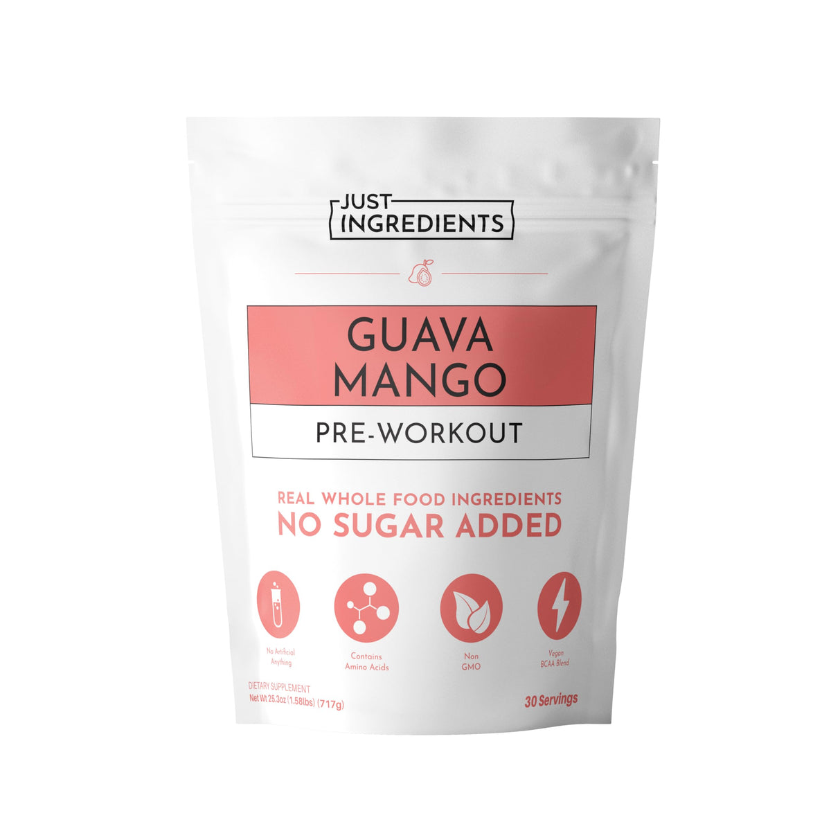 JUST INGREDIENTS Guava Mango Pre-Workout label highlights clean energy support.
