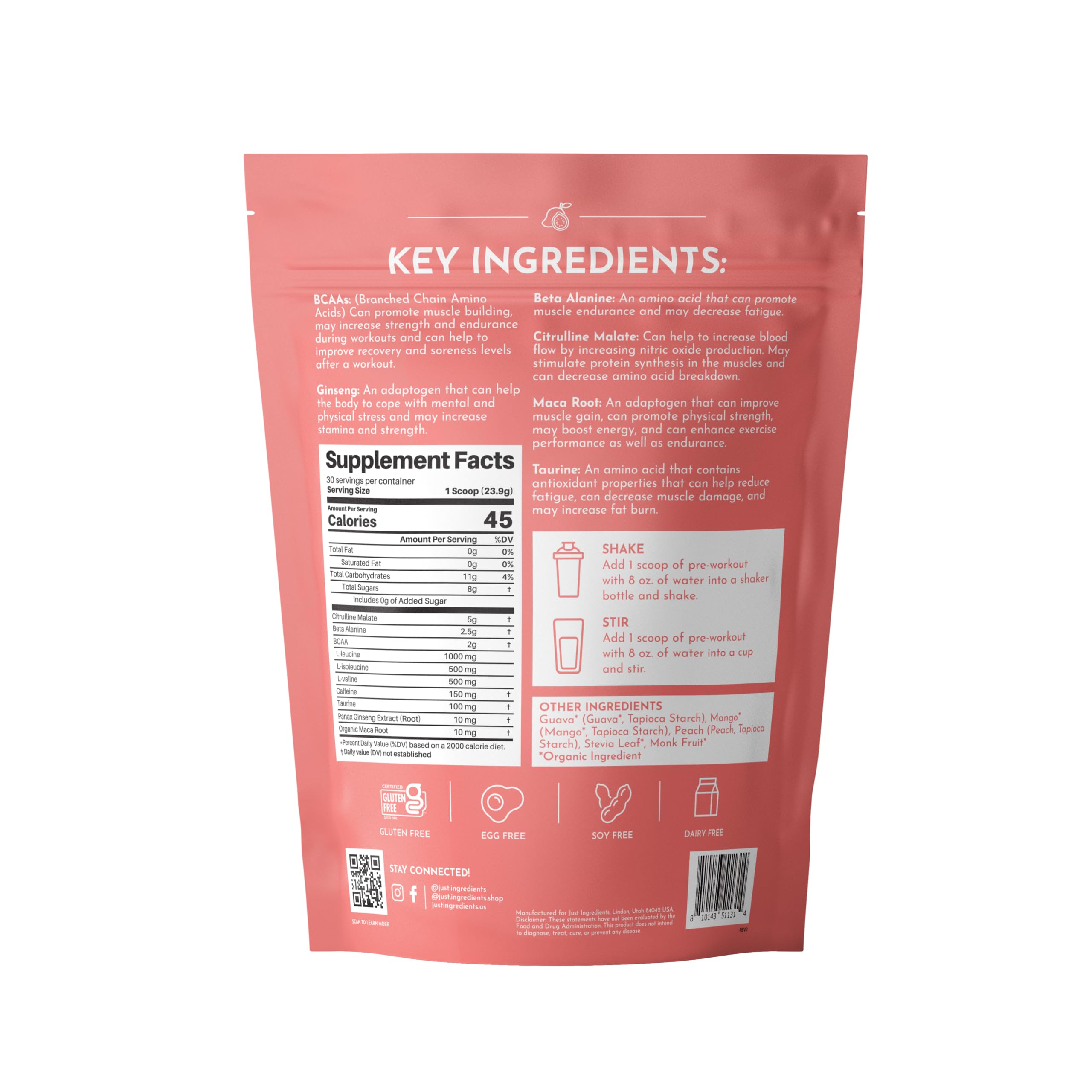 JUST INGREDIENTS Guava Mango Pre-Workout scoop ensures precise serving for workouts.