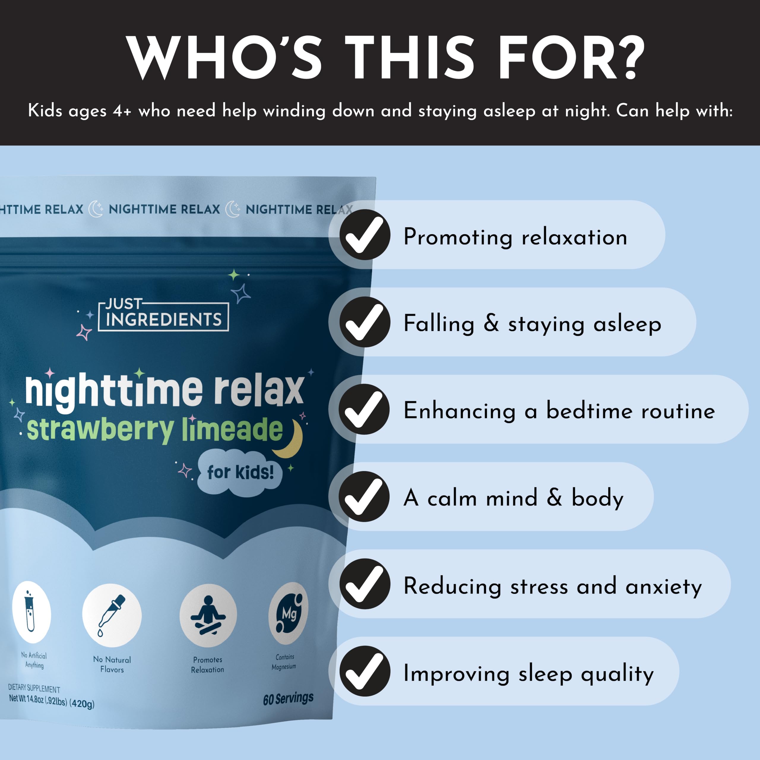 JUST INGREDIENTS Kids Nighttime Relax cup ready for a soothing evening.