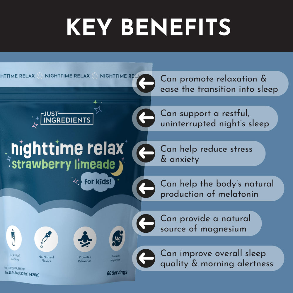 JUST INGREDIENTS Kids Nighttime Relax label highlights magnesium and tart cherry benefits.