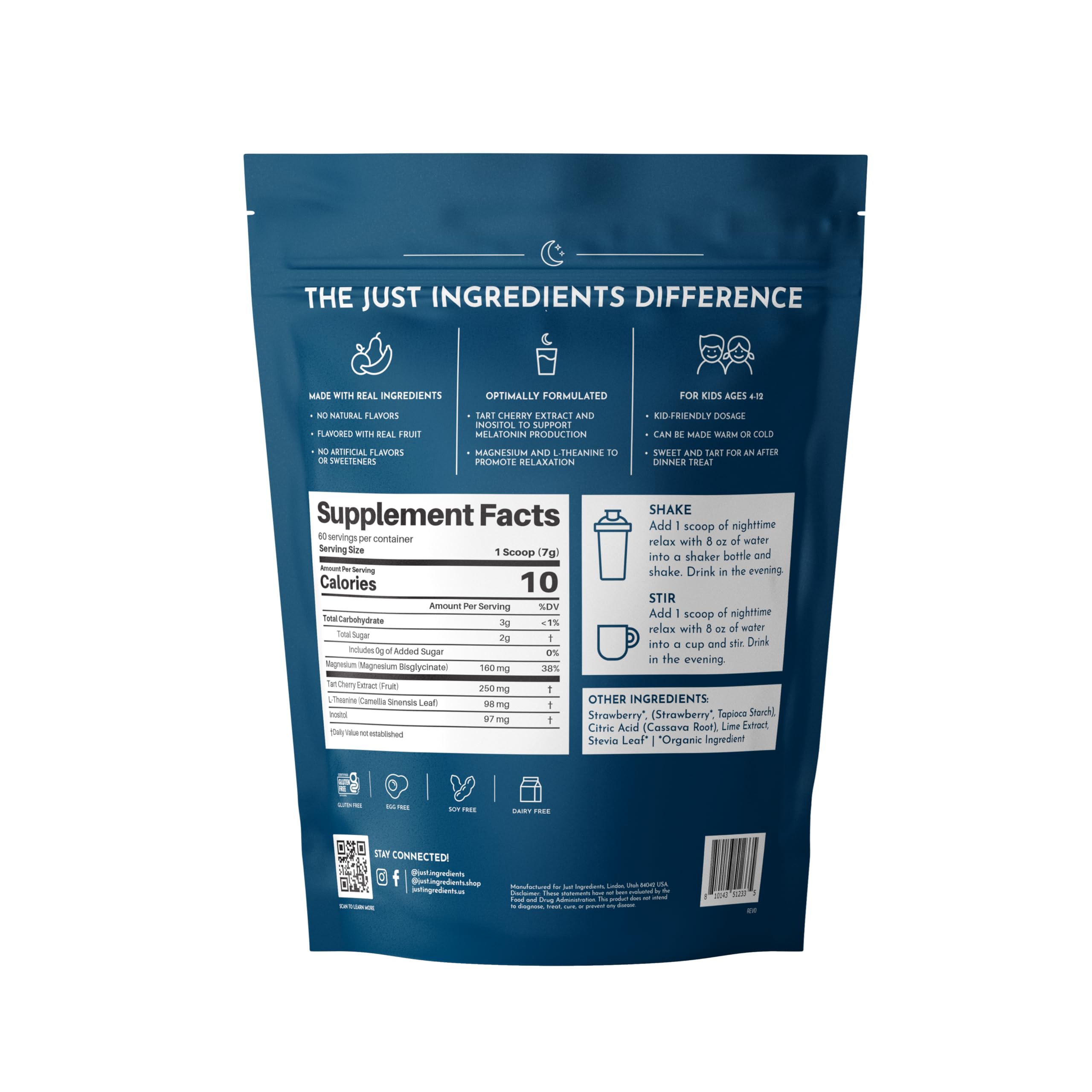 JUST INGREDIENTS Kids Nighttime Relax scoop included for easy, measured nightly servings.