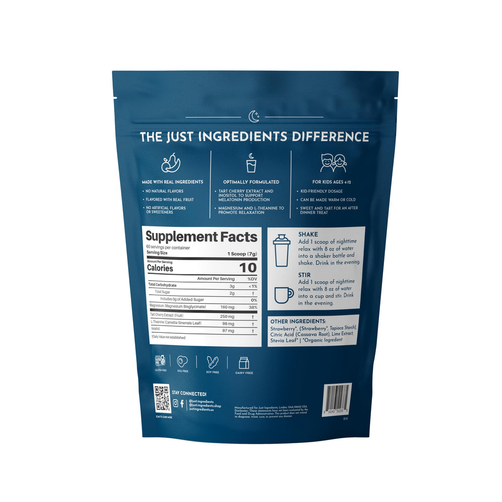 JUST INGREDIENTS Kids Nighttime Relax scoop included for easy, measured nightly servings.