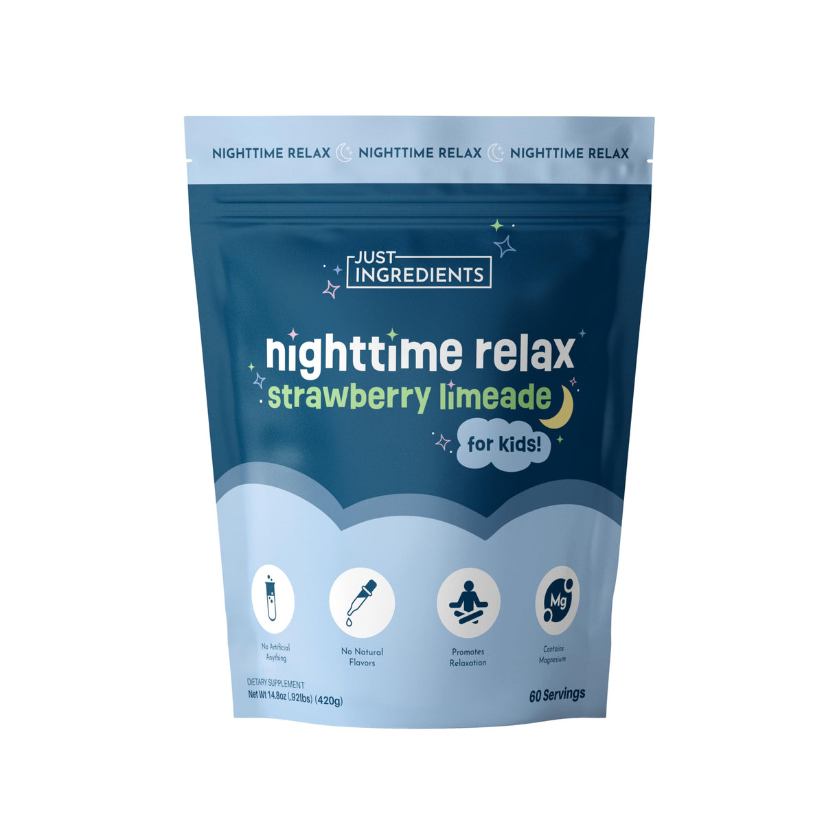 JUST INGREDIENTS Kids Nighttime Relax tub front label promotes a calming bedtime routine.