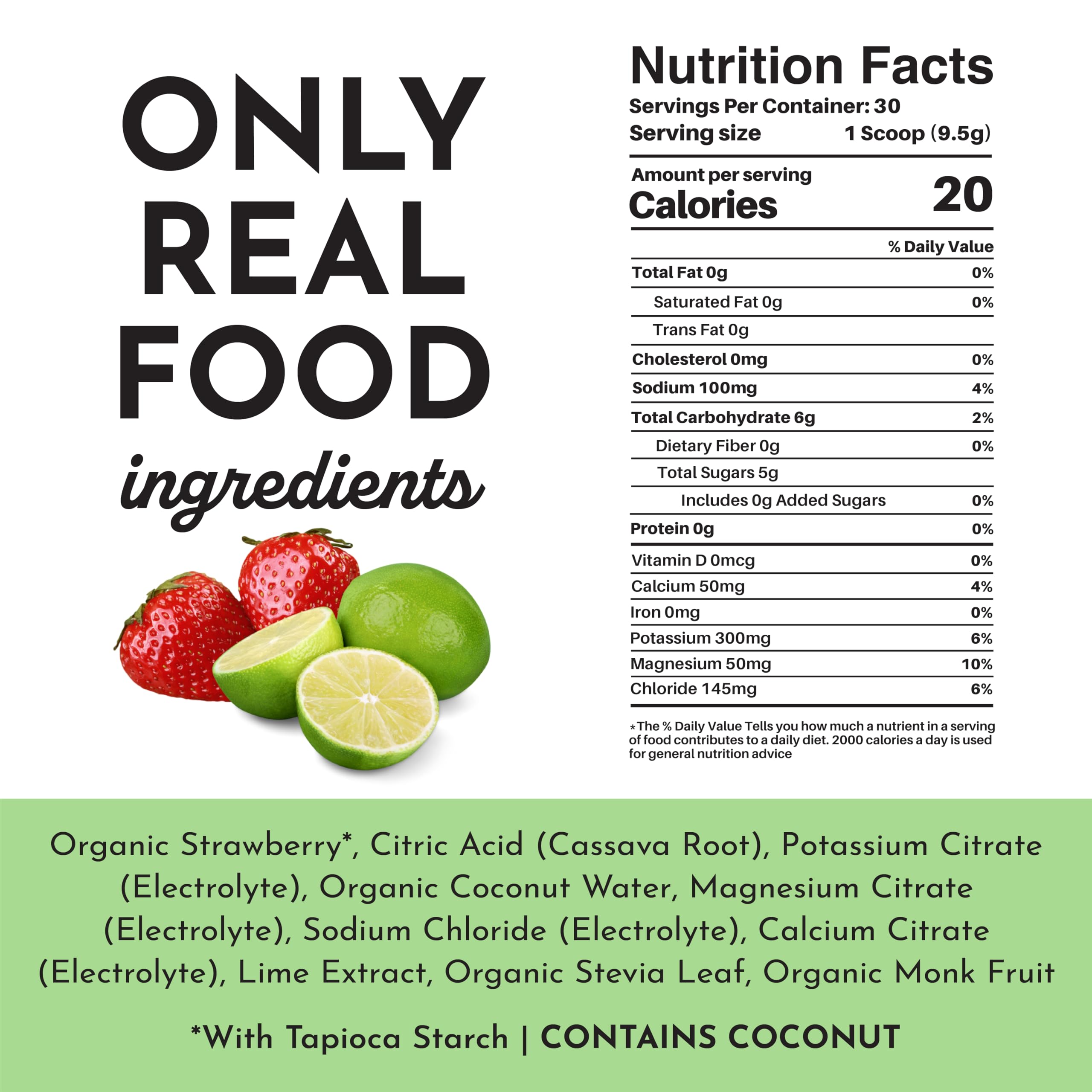 JUST INGREDIENTS label close-up highlights coconut water and sea salt.