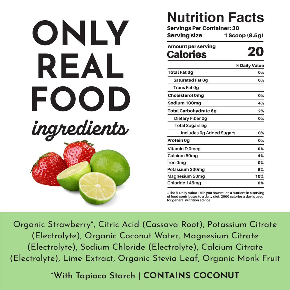JUST INGREDIENTS label close-up highlights coconut water and sea salt.