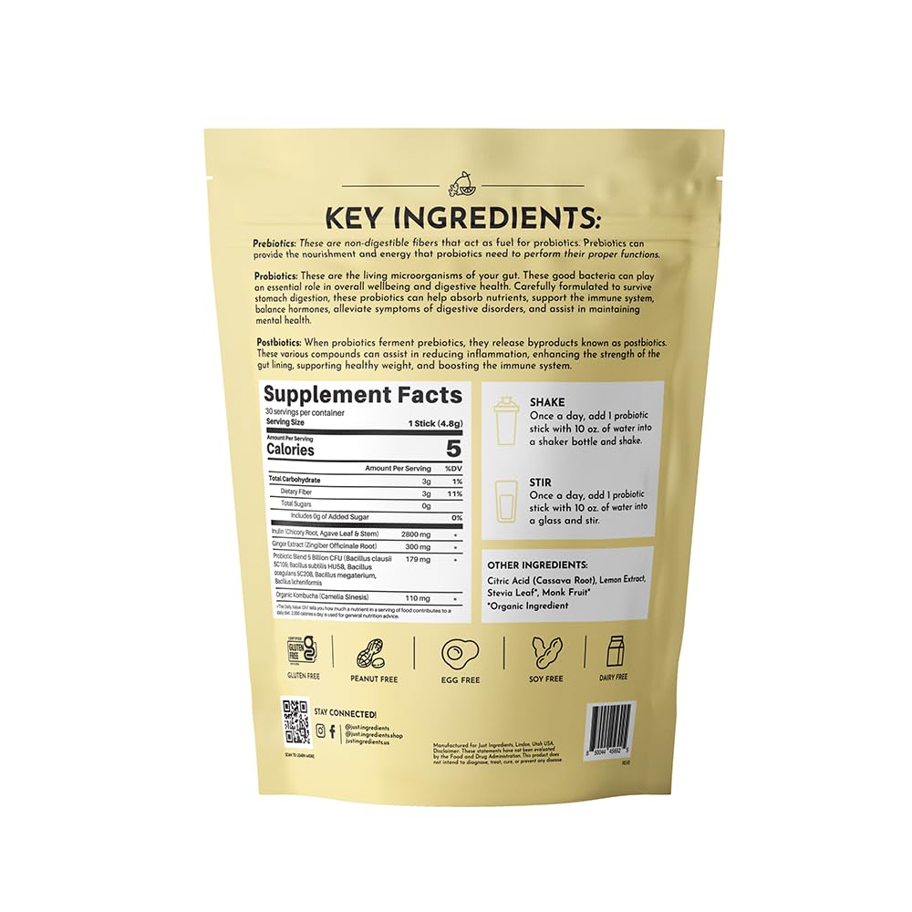Just Ingredients Lemon Ginger 3-In-1 Probiotic Complex packaging for daily gut and immune routine.