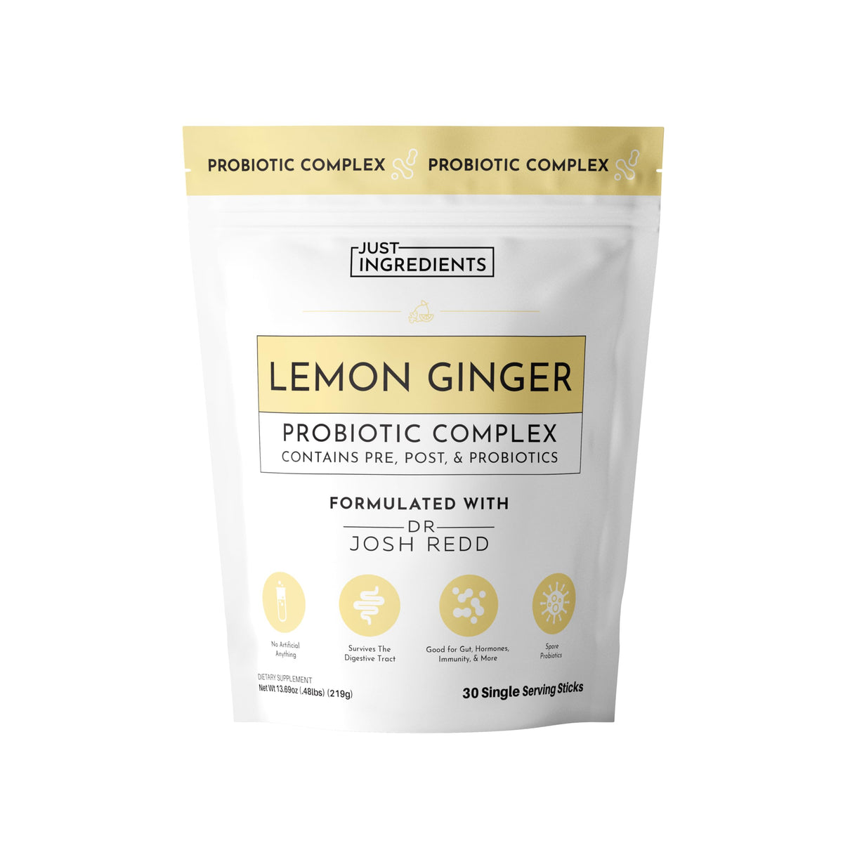 Just Ingredients Lemon Ginger 3-In-1 Probiotic Complex stick for on-the-go gut support.