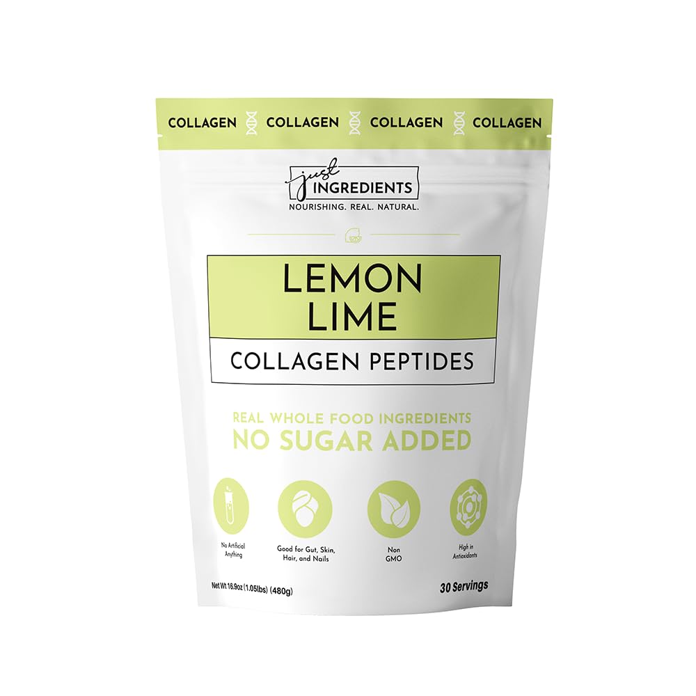 JUST INGREDIENTS Lemon Lime Collagen bottle shows label; supports daily beauty and joint comfort.