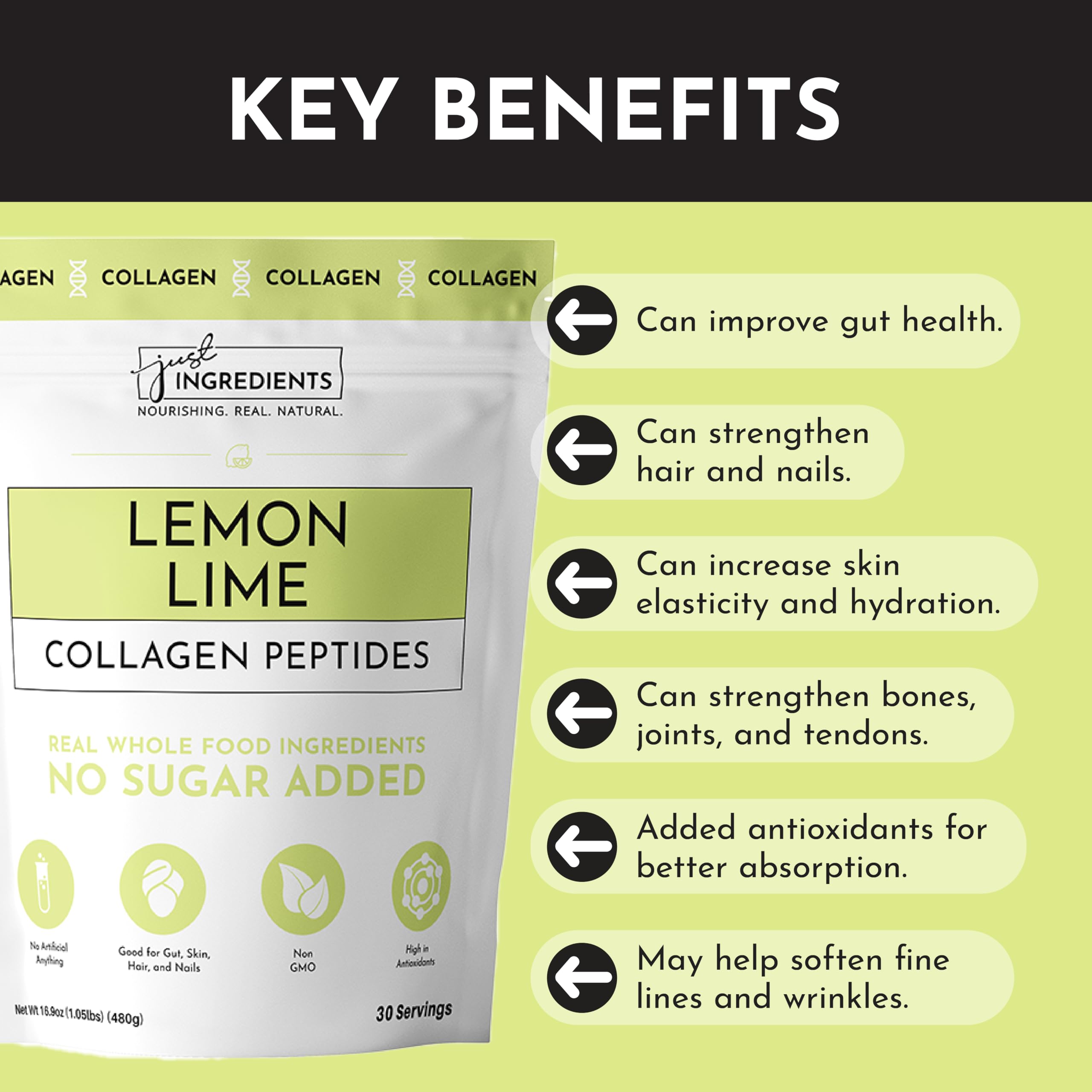 JUST INGREDIENTS Lemon Lime Collagen powder dissolves smoothly in water for a refreshing boost.