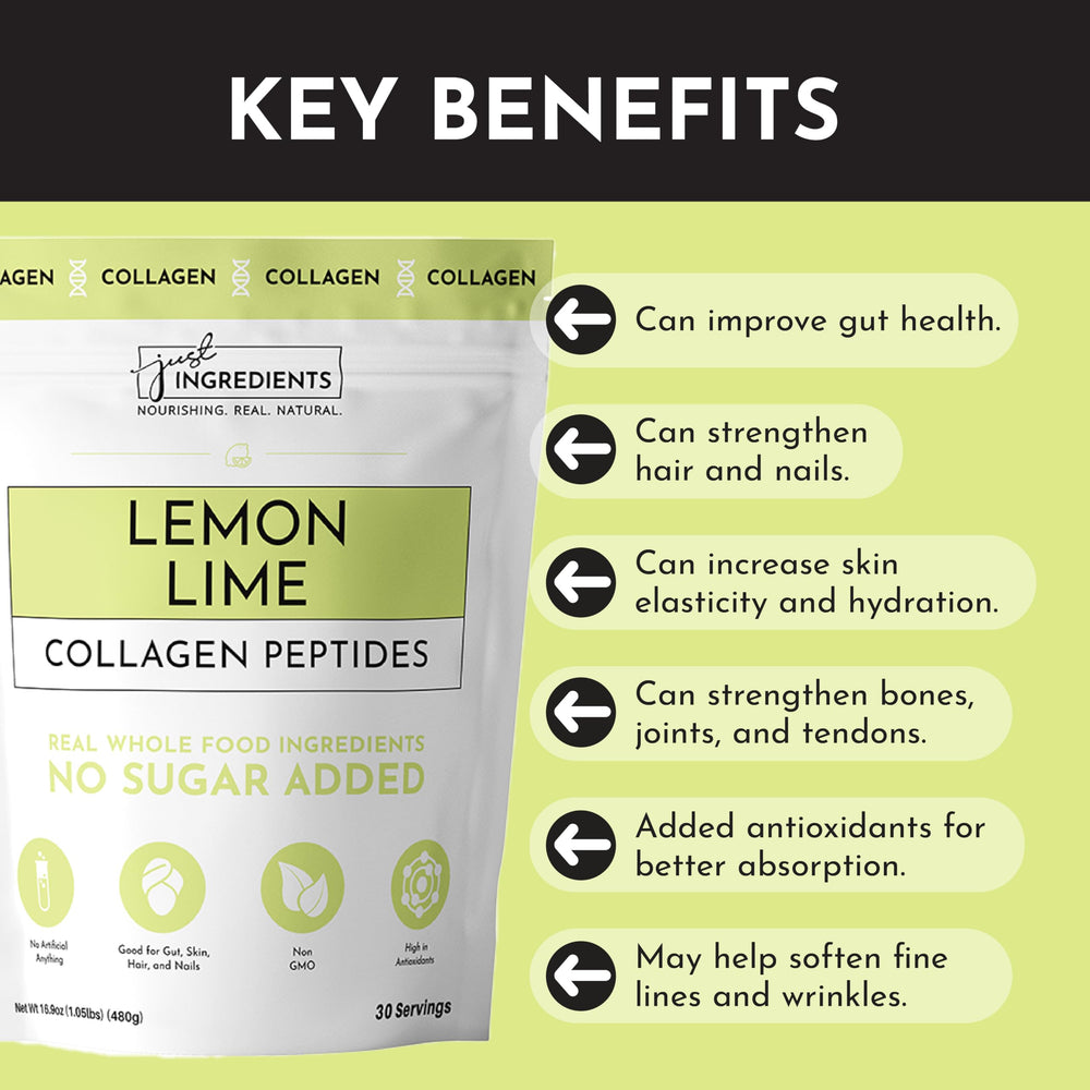JUST INGREDIENTS Lemon Lime Collagen powder dissolves smoothly in water for a refreshing boost.