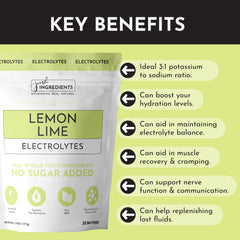 JUST INGREDIENTS Lemon Lime Electrolytes glass with prepared drink highlighting citrus flavor.