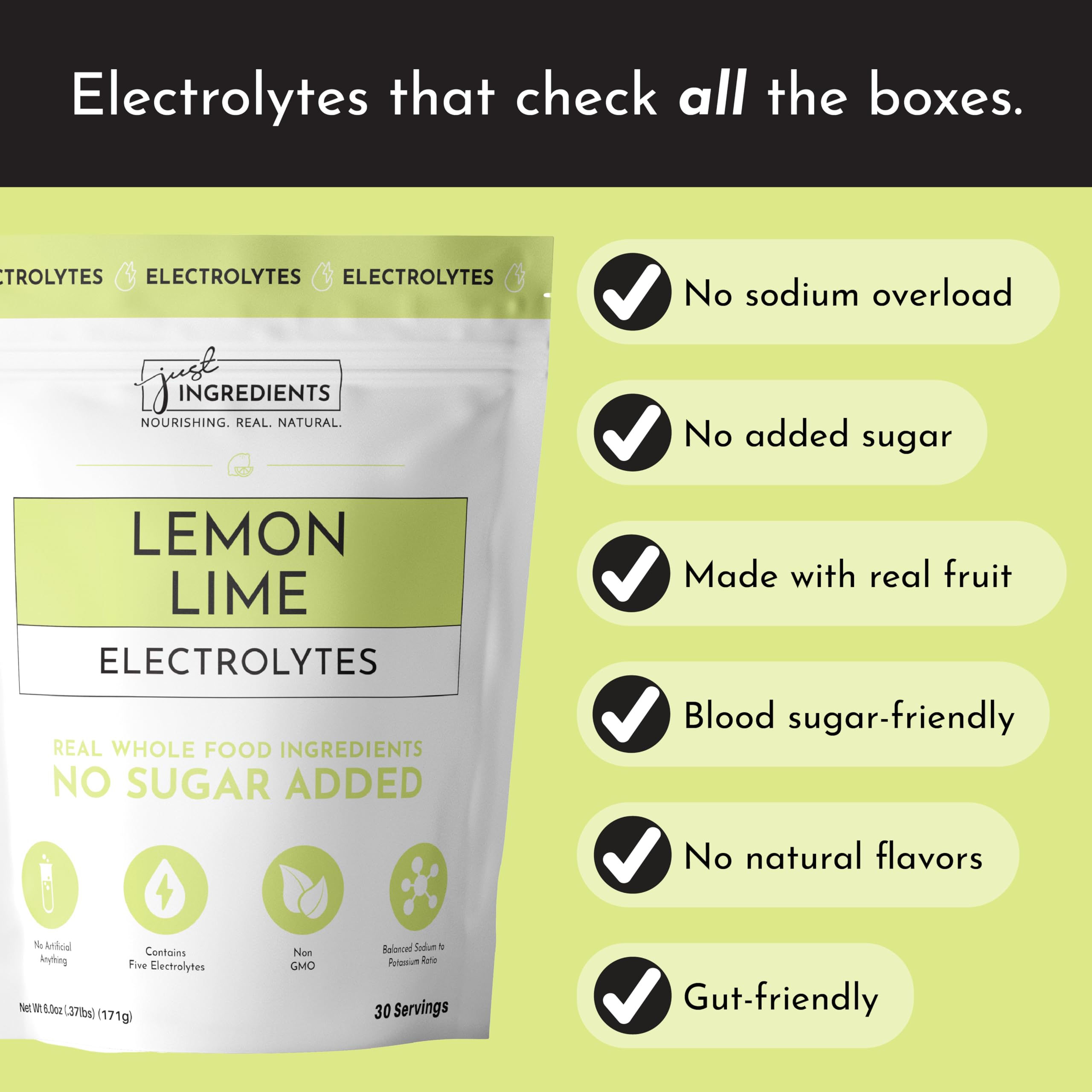 JUST INGREDIENTS Lemon Lime Electrolytes label emphasizes clean ingredients and no artificial additives.