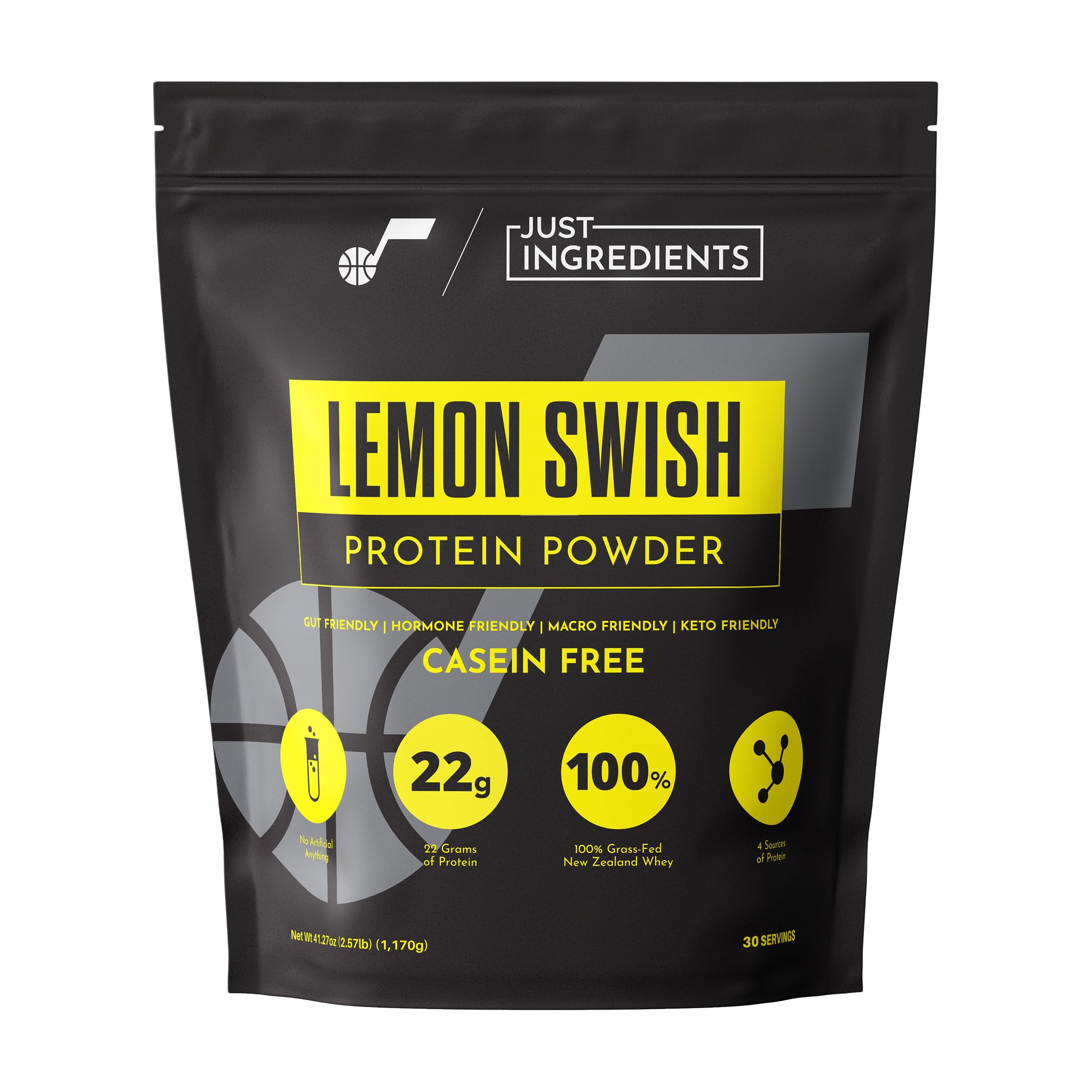 JUST INGREDIENTS Lemon Swish whey front jar image shows lemon flavor and clean packaging