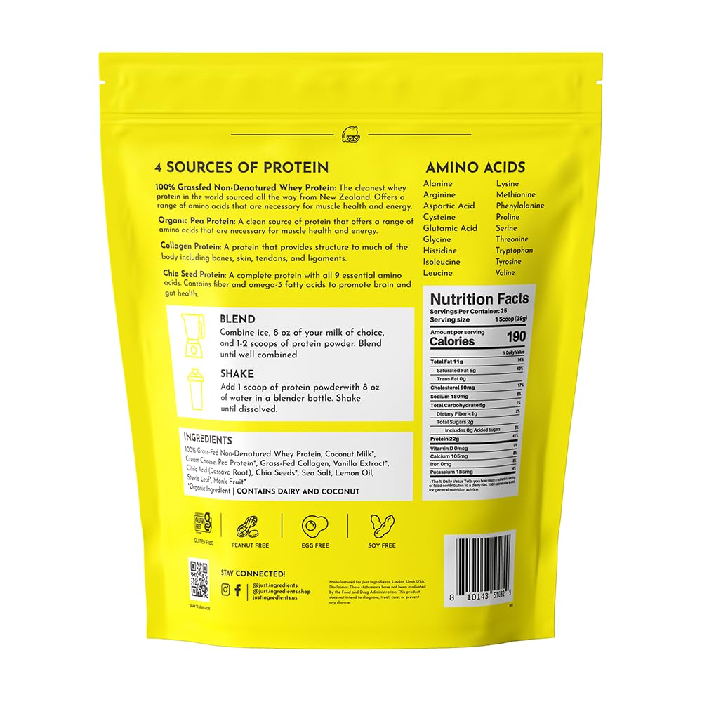 JUST INGREDIENTS Lemon Swish whey label closeup highlights ingredients and NZ grass-fed source