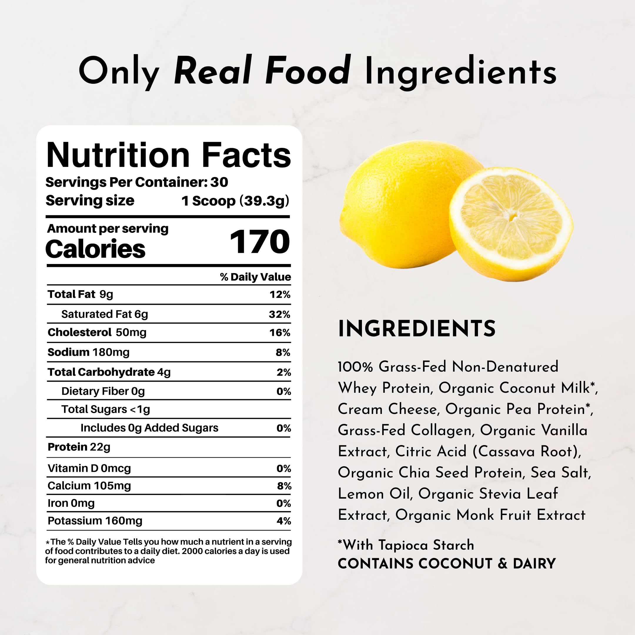 JUST INGREDIENTS Lemon Swish whey powder texture closeup suggests smooth mixability