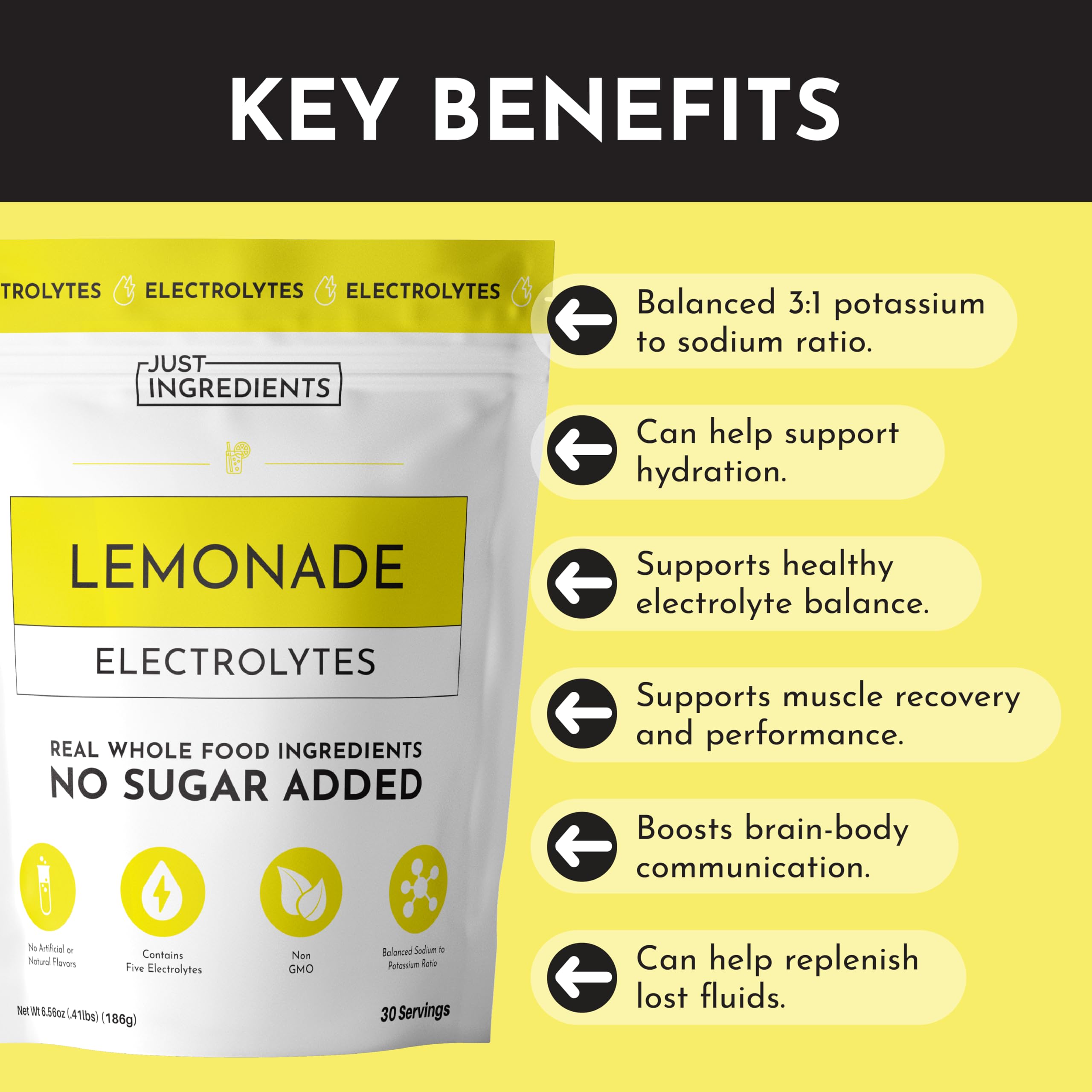 Glass with JUST INGREDIENTS Lemonade Electrolytes ready-to-drink beverage after activity.