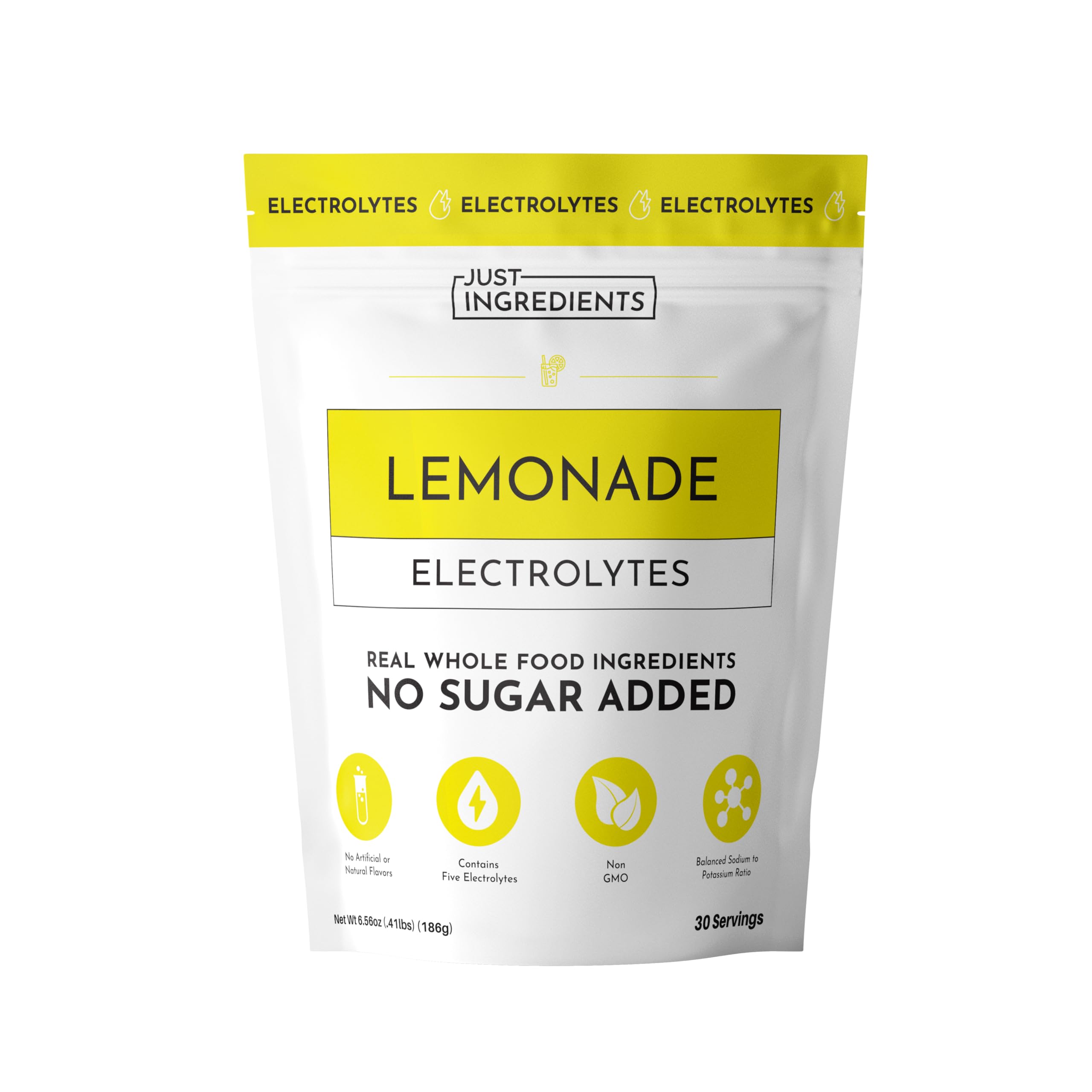 JUST INGREDIENTS Lemonade Electrolytes package highlights clean ingredients for daily hydration.