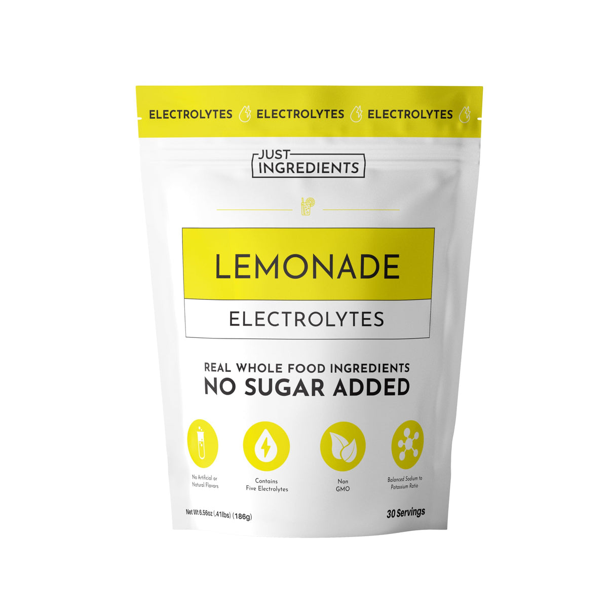JUST INGREDIENTS Lemonade Electrolytes package highlights clean ingredients for daily hydration.
