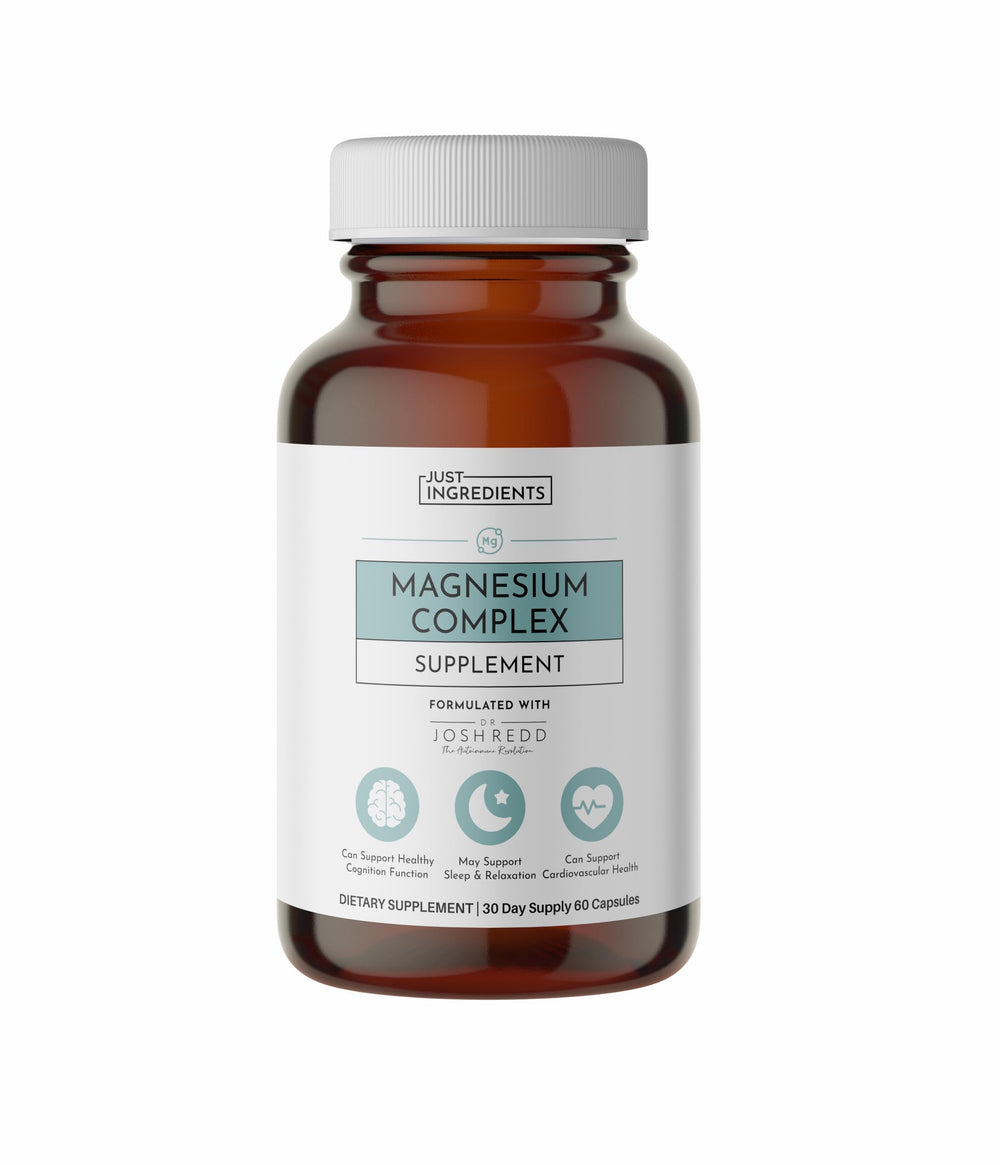 Just Ingredients Magnesium Complex with Aquamin bottle, supporting mineral balance and relaxation.