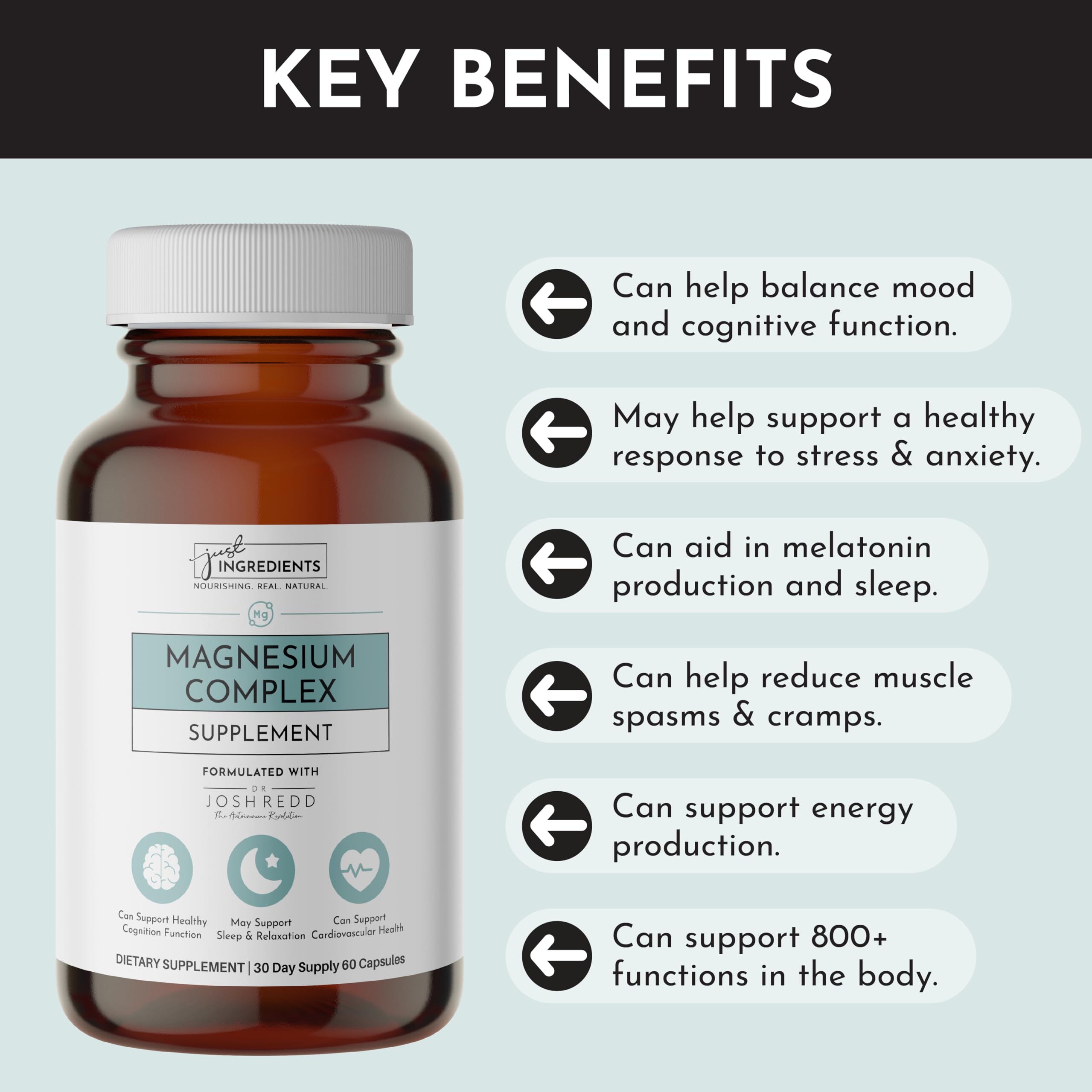 Just Ingredients Magnesium Complex label closeup highlights clean, vegan formulation.