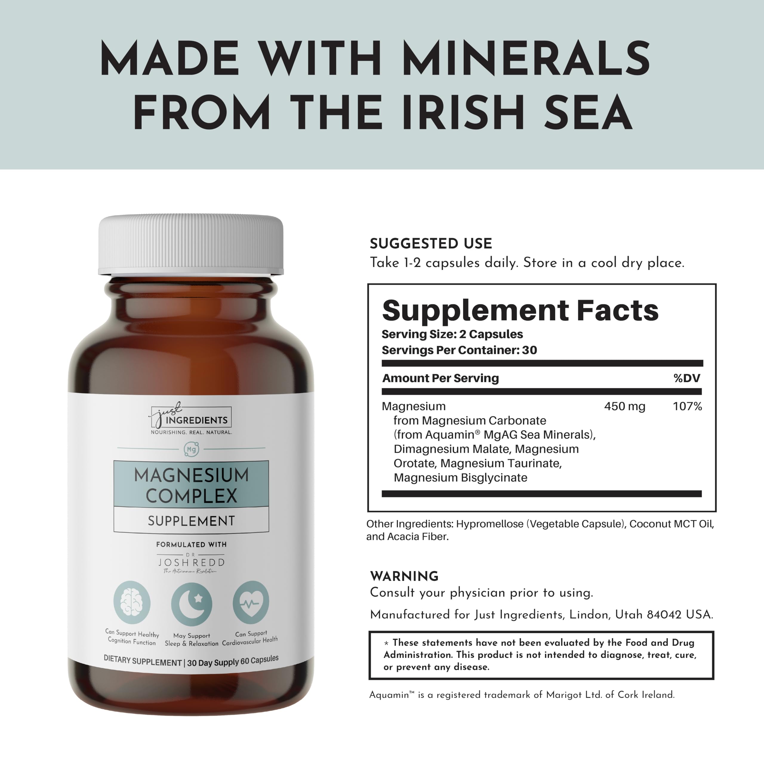 Just Ingredients Magnesium Complex mood support visual promoting calm focus.