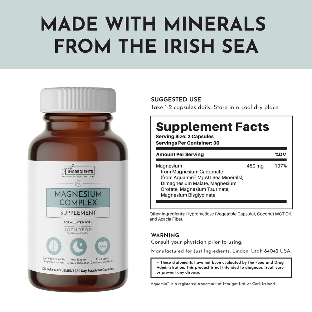 Just Ingredients Magnesium Complex mood support visual promoting calm focus.